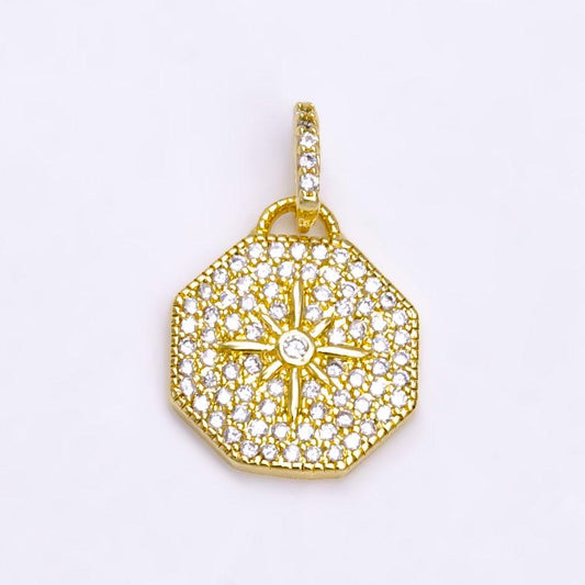14K Gold Filled 21mm North Star Clear CZ Micro Paved Hexagonal Pendant | AA742