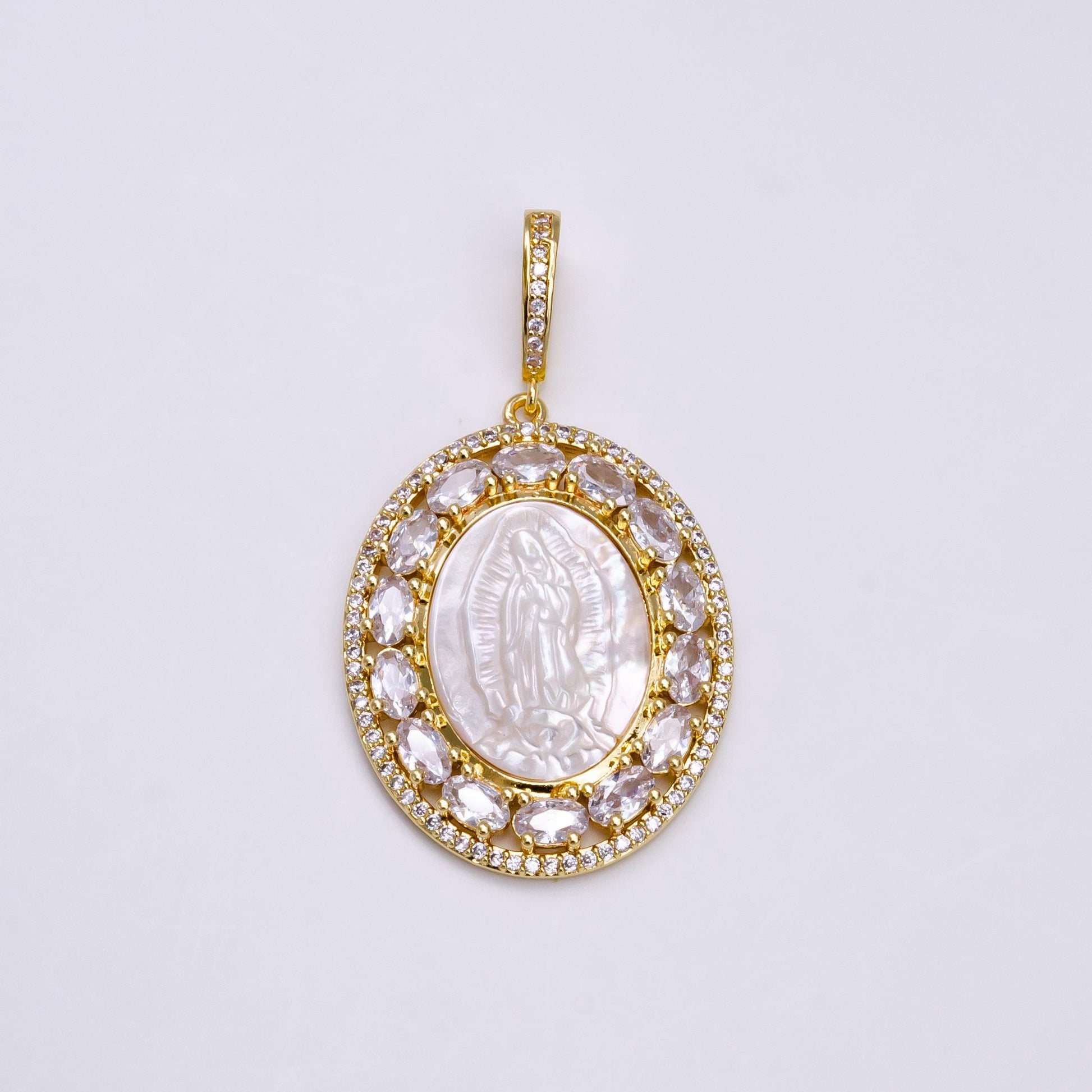 14K Gold Filled Lady Guadalupe Shell Pearl Baguette Outlined Oval Religious Pendant | AA745