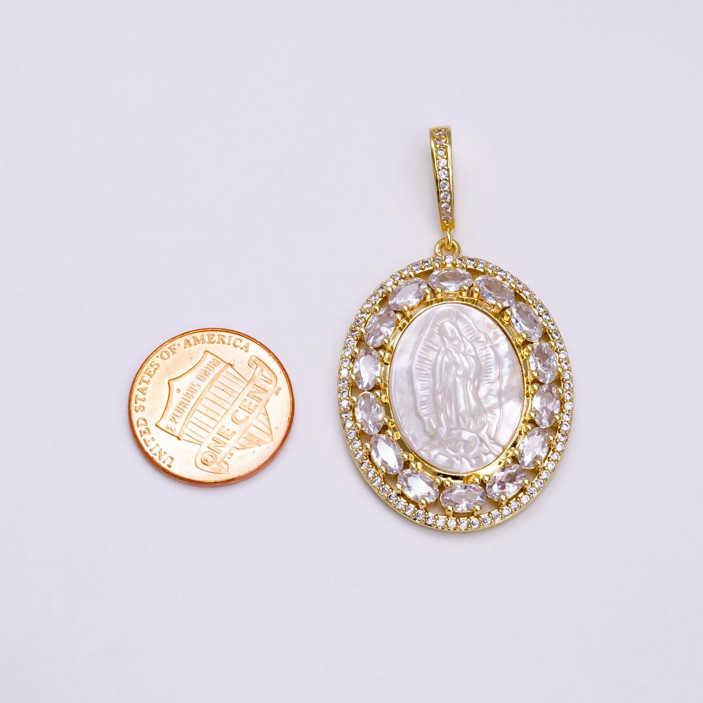 14K Gold Filled Lady Guadalupe Shell Pearl Baguette Outlined Oval Religious Pendant | AA745