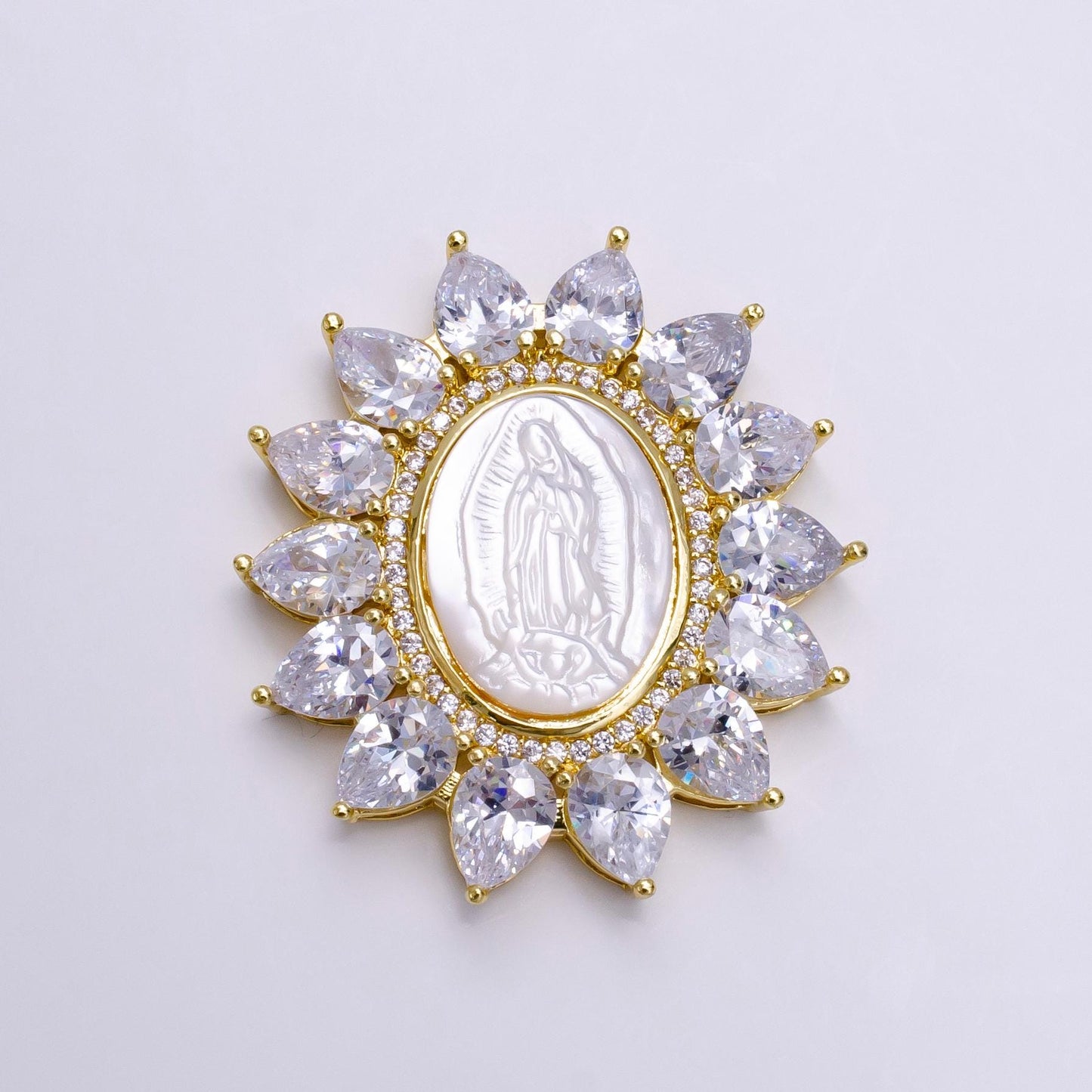 Sun Flower Gold Filled Virgin Mary Pendant Pearl Lady Guadalupe Medallion Charm Necklace Clear Cubic Micro Pave Cz for Religious jewelry