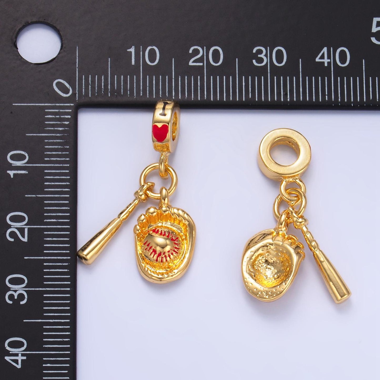 24k Gold Filled Baseball Glove Baseball Bat Rondelle Drop I Heart Baseball Sports Charm | W-119