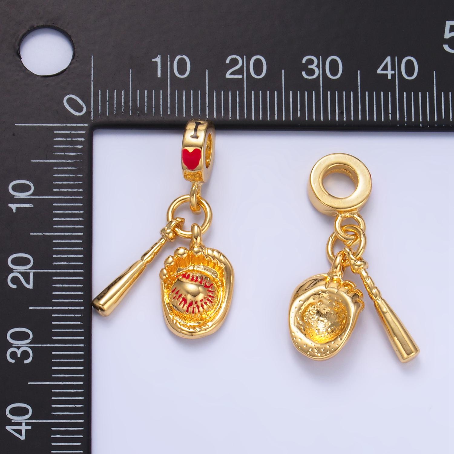 24k Gold Filled Baseball Glove Baseball Bat Rondelle Drop I Heart Baseball Sports Charm | W-119