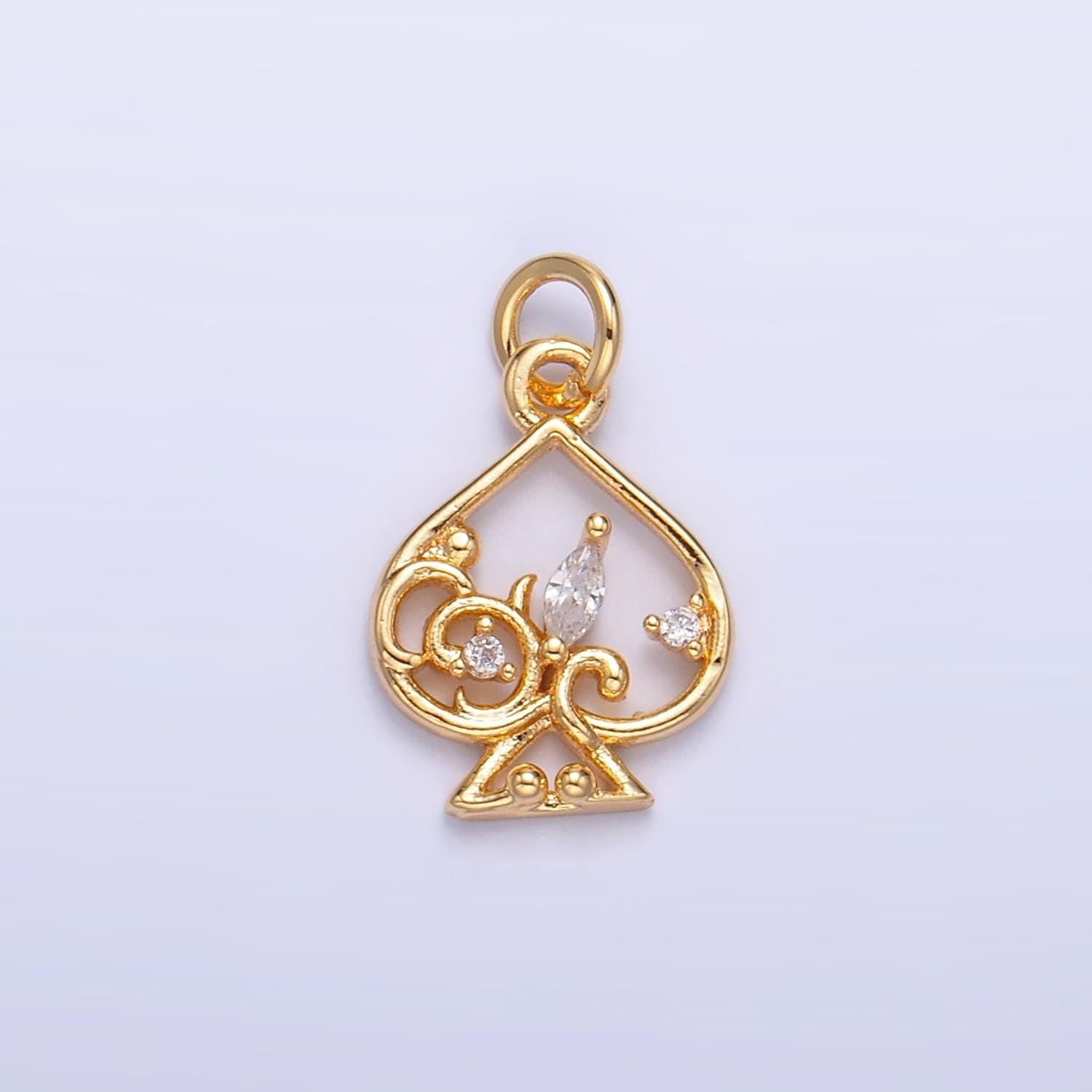 Mini Spades Charm in 24K Gold Filled Charm Small Cz Swirl Spades Monogram Pendant Charm W209