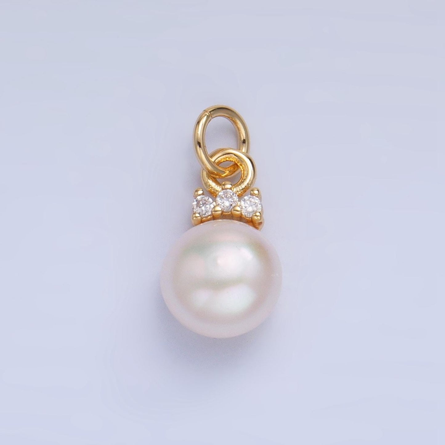 14K Gold Filled Charm White, Pink, Purple Pearl Button Round Charm With Micro Paved CZ Pendant | P1920