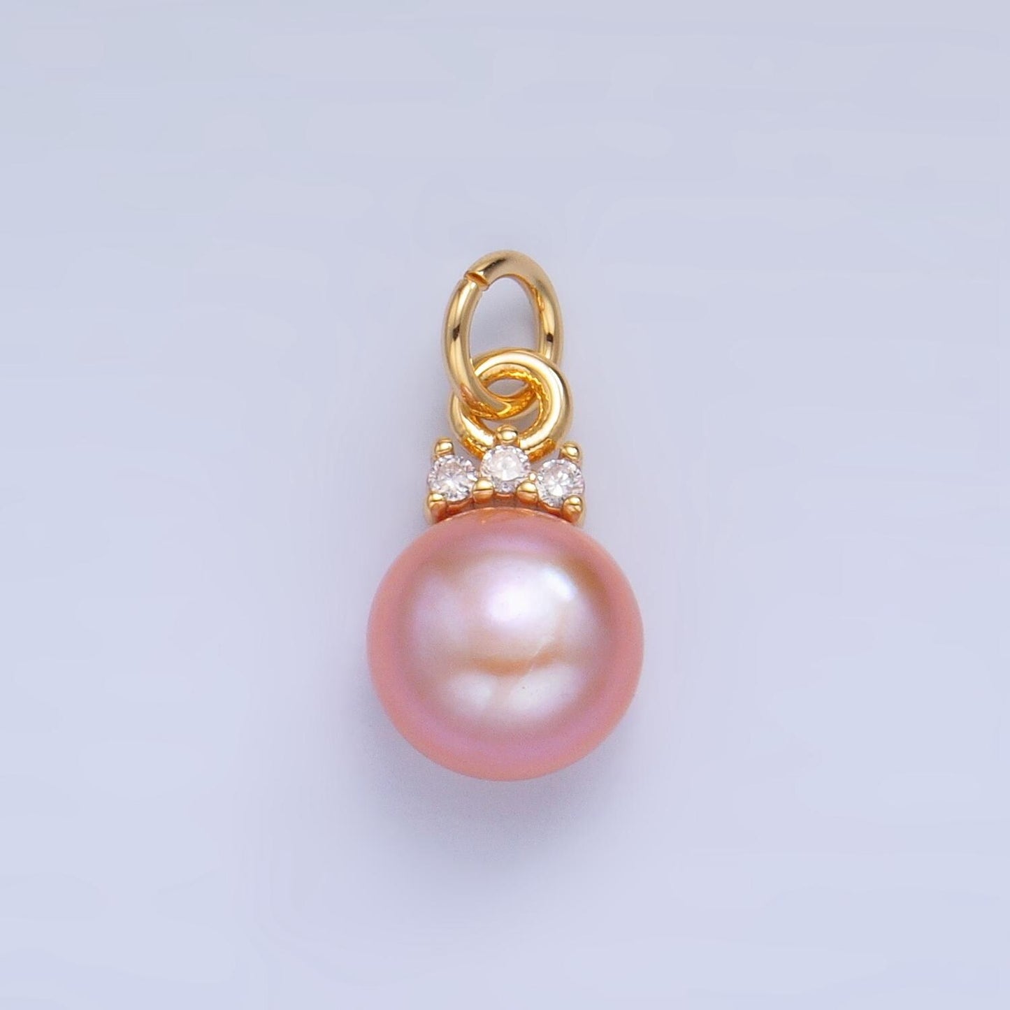 14K Gold Filled Charm White, Pink, Purple Pearl Button Round Charm With Micro Paved CZ Pendant | P1920
