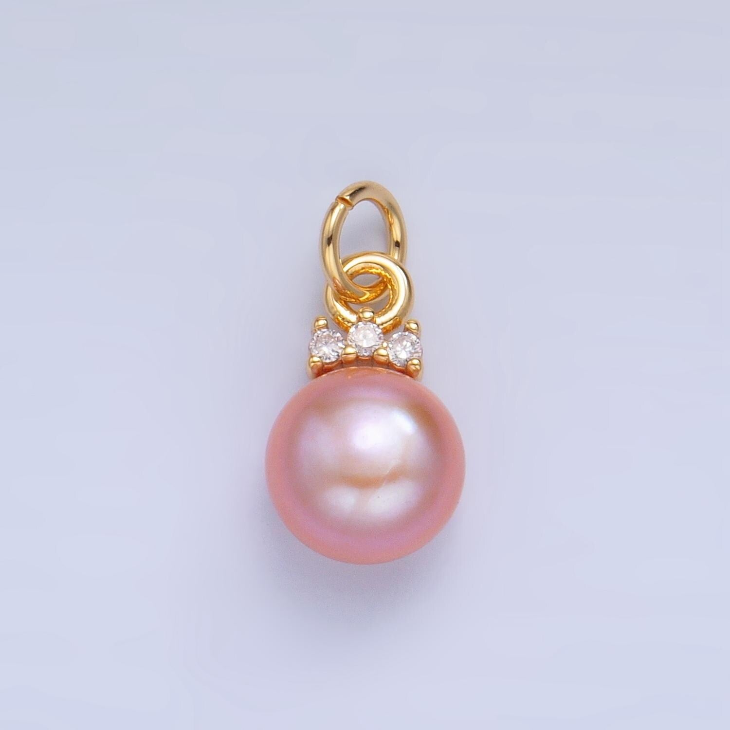 14K Gold Filled Charm White, Pink, Purple Pearl Button Round Charm With Micro Paved CZ Pendant | P1920