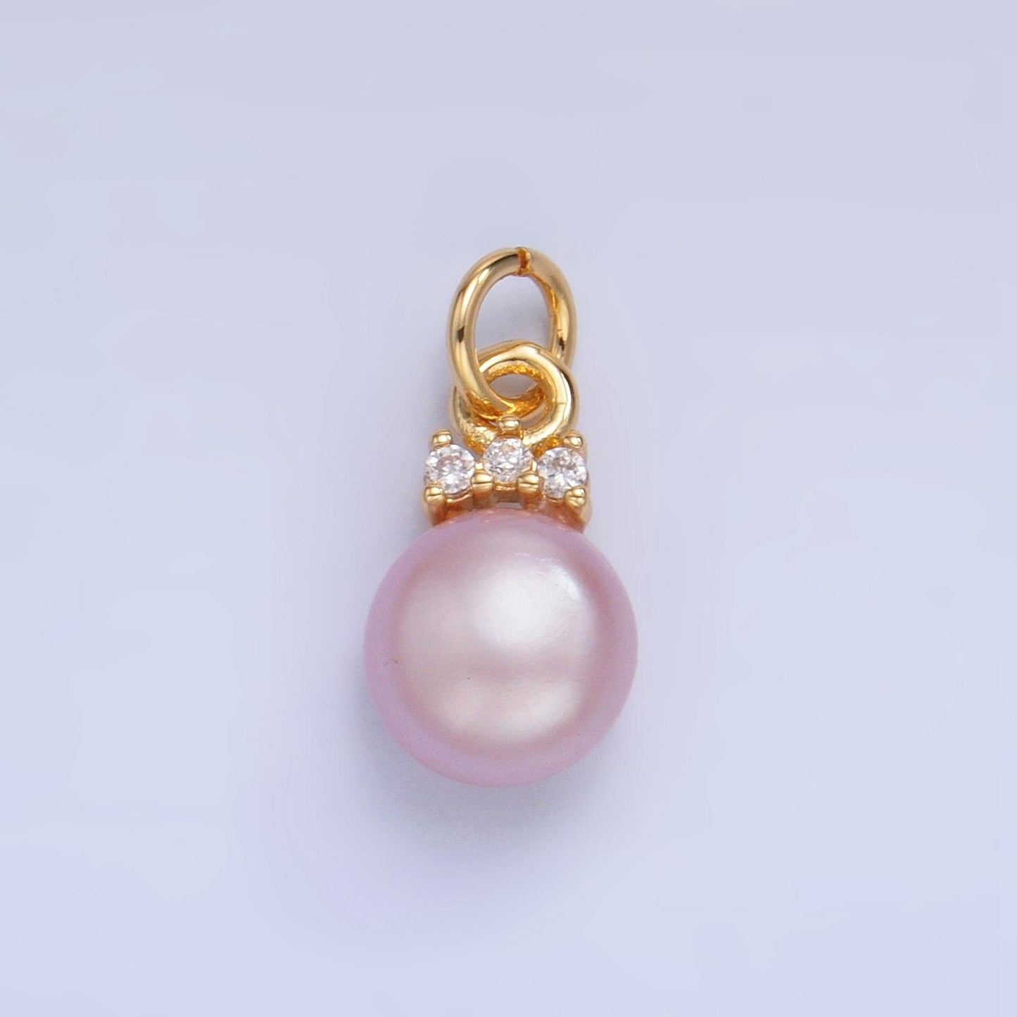 14K Gold Filled Charm White, Pink, Purple Pearl Button Round Charm With Micro Paved CZ Pendant | P1920