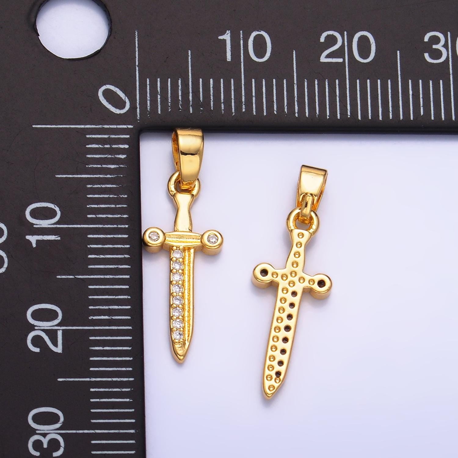 24K Gold Filled Dainty Knife Pendant Small Dagger Amulet Clear Micro CZ Pave | DIY Fashion Charm Add on Necklace Bracelet AA1059
