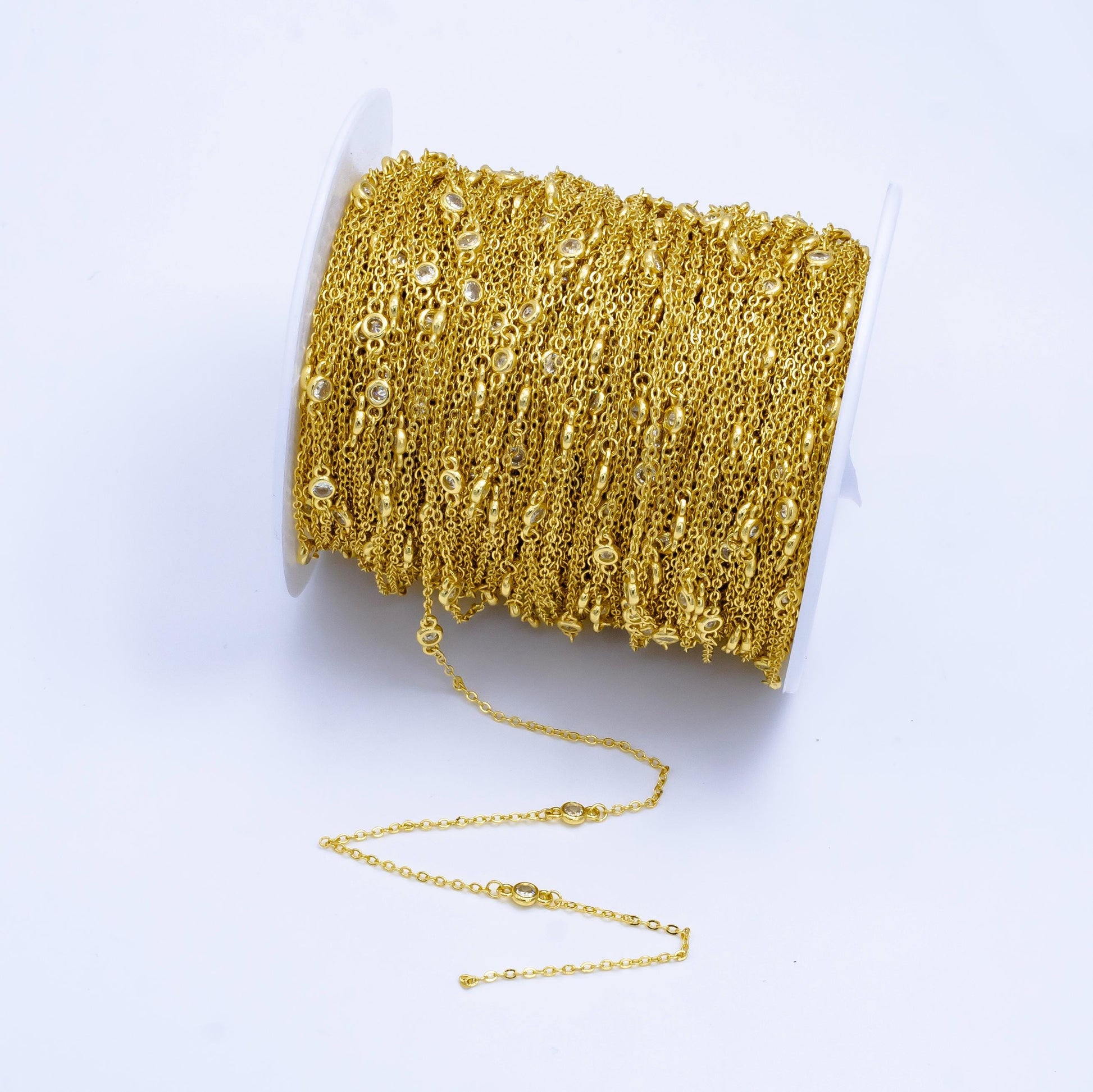 24K Gold Filled CZ Satellites Chain by Yard, Wholesale Gold Station Chain CZ Bezel Cut Chain for Jewelry Making | ROLL-1531