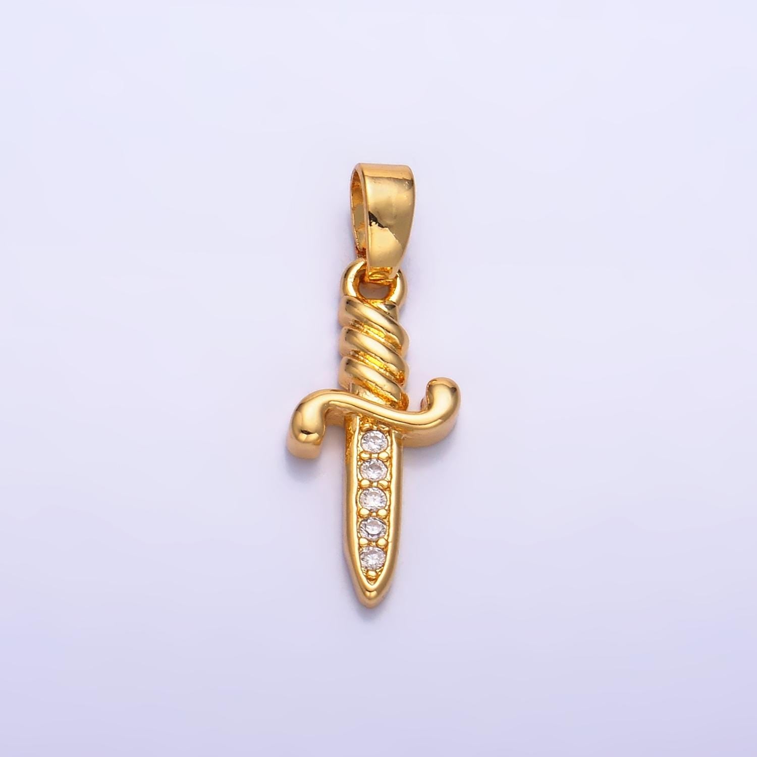 24K Gold Filled Dainty Knife Pendant Small Dagger Amulet Clear Micro CZ Pave | DIY Fashion Charm Add on Necklace Bracelet AA1058