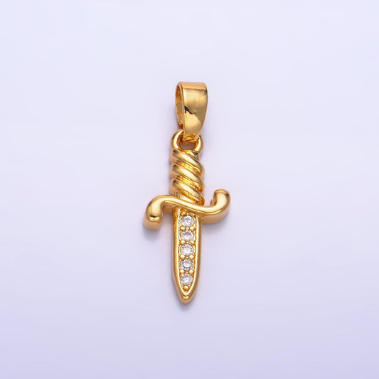 24K Gold Filled Dainty Knife Pendant Small Dagger Amulet Clear Micro CZ Pave | DIY Fashion Charm Add on Necklace Bracelet AA1058