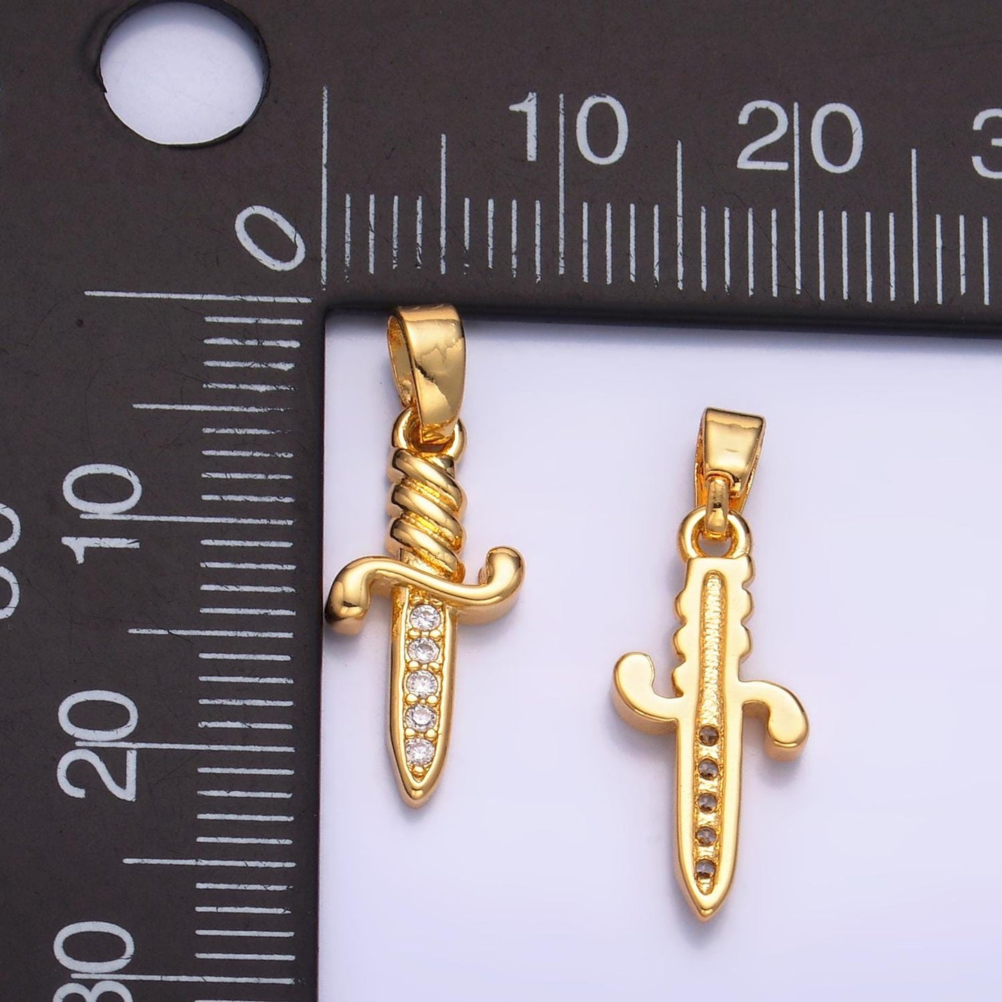 24K Gold Filled Dainty Knife Pendant Small Dagger Amulet Clear Micro CZ Pave | DIY Fashion Charm Add on Necklace Bracelet AA1058