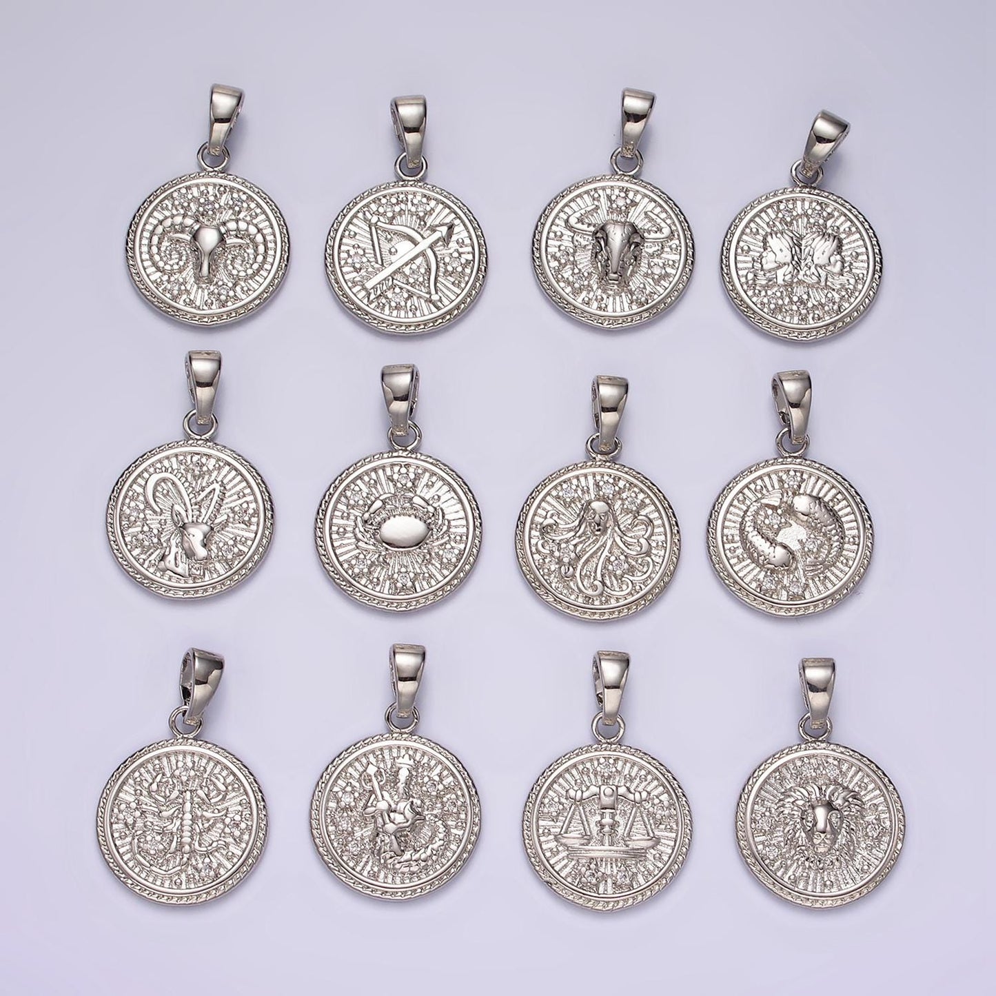 Dainty Zodiac Horoscope Sign Constellation Medallion Pendant Charm Textured Coin Decorative Edge for Necklace Jewelry Making, A1701--1706