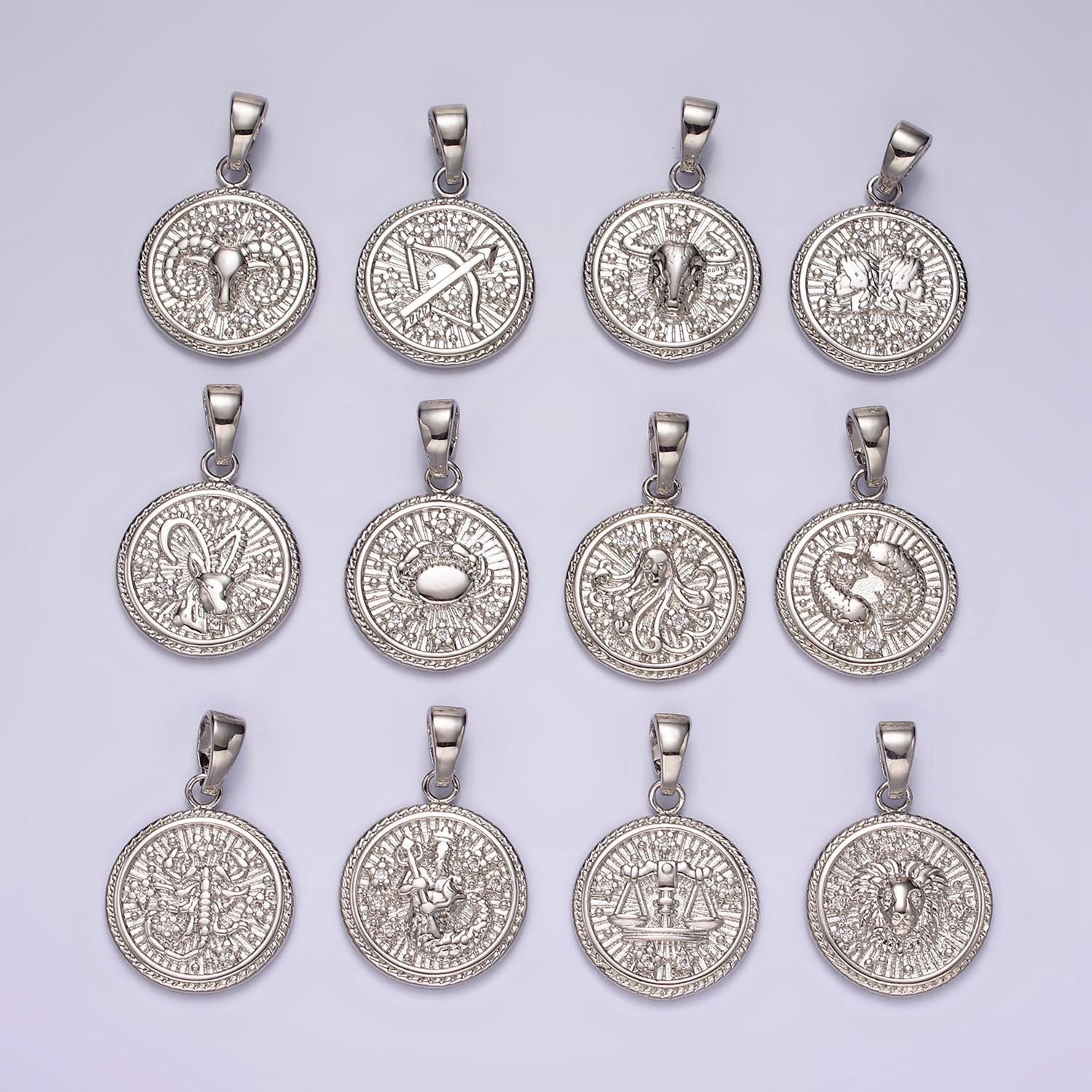 Dainty Zodiac Horoscope Sign Constellation Medallion Pendant Charm Textured Coin Decorative Edge for Necklace Jewelry Making, A1701--1706