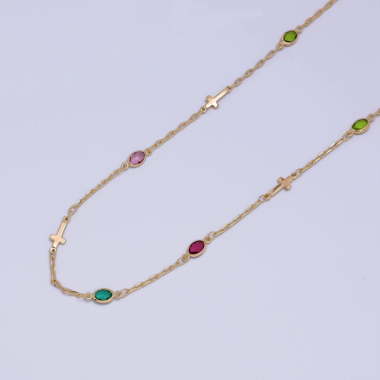 14K Gold Filled Paperclip Chain by yard w/ Crosses and Stone Bezel Link 1.9mm | Roll-1455