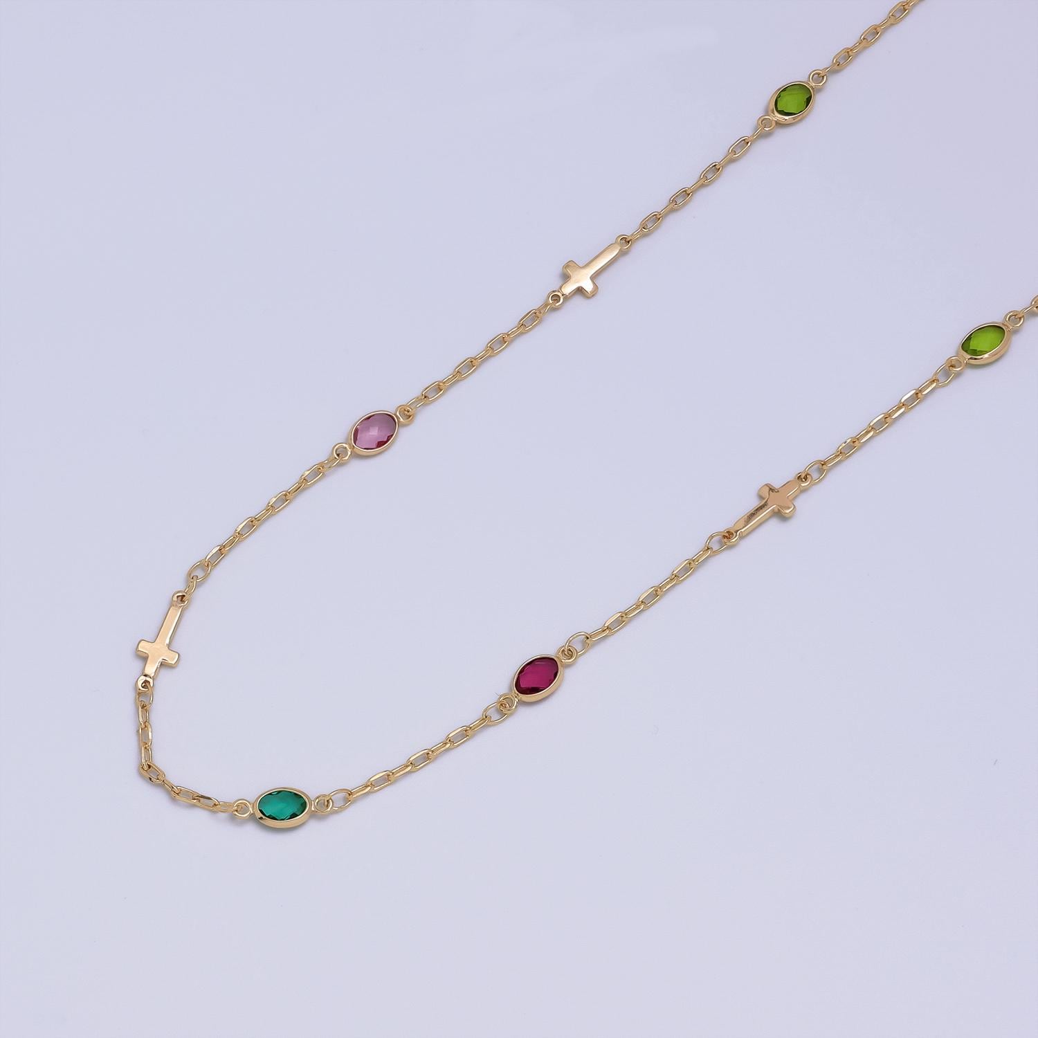 14K Gold Filled Paperclip Chain by yard w/ Crosses and Stone Bezel Link 1.9mm | Roll-1455