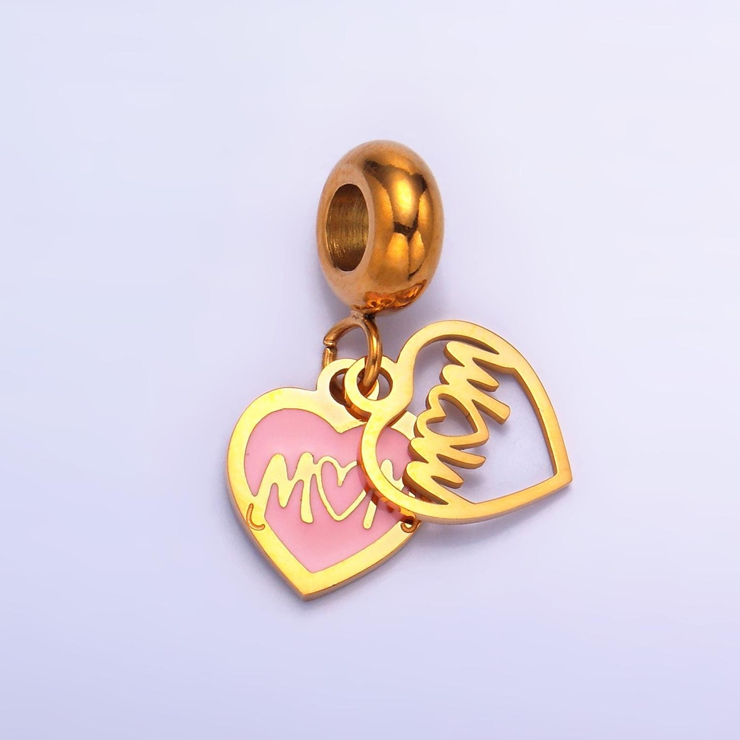 Stainless Steel Gold Heart Mom Charm Mother Day Theme Rondelle Bail Drop Pendant | P-752