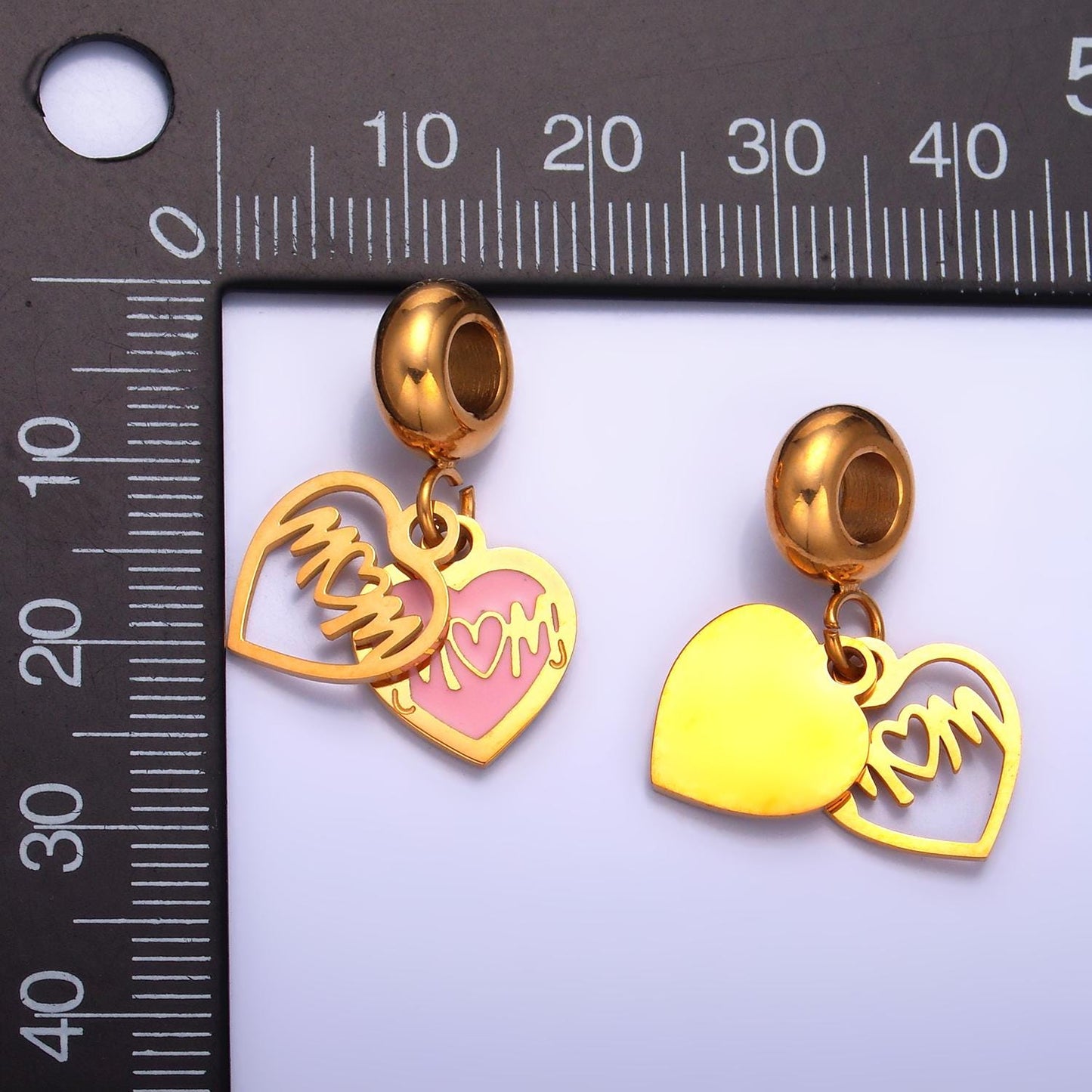 Stainless Steel Gold Heart Mom Charm Mother Day Theme Rondelle Bail Drop Pendant | P-752
