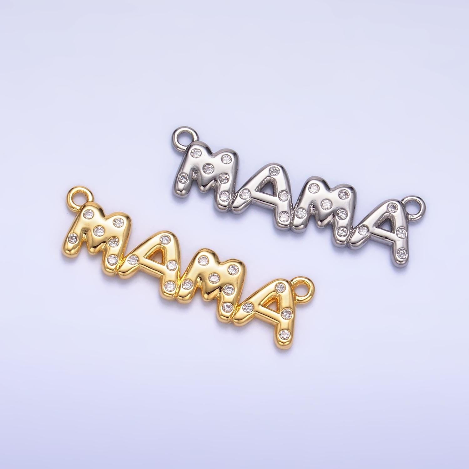 24K Gold Filled Mama Bubble Charm Connector CZ Silver Mama Script Sideway Link Connector for Bracelet Necklace Component Add on Charm | F865