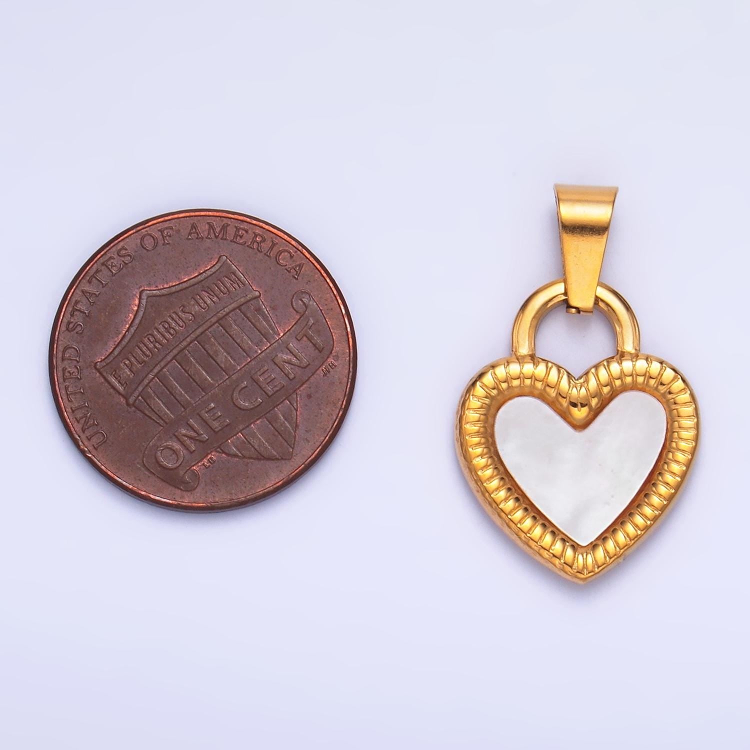 Gold Stainless Steel White Shell Pearl Heart Charm Rope Line-Textured Heart Lock Pendant | P-1546