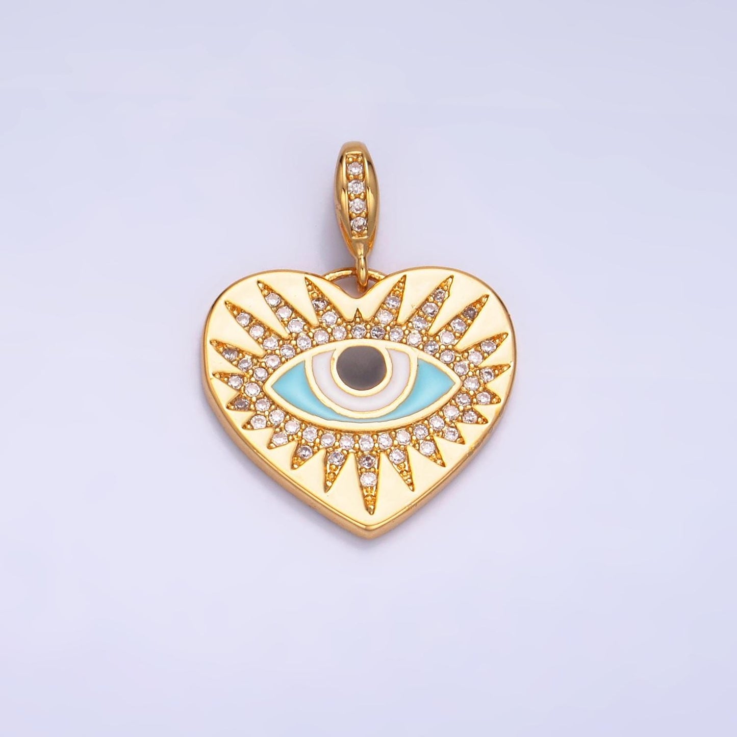24K Gold Filled Evil Eye Blue Heart Sunburst Pendant, Micro Pave CZ Beads Evil Eye Heart Charm, Cubic Gold Sunburst Heart Jewelry | aa1071