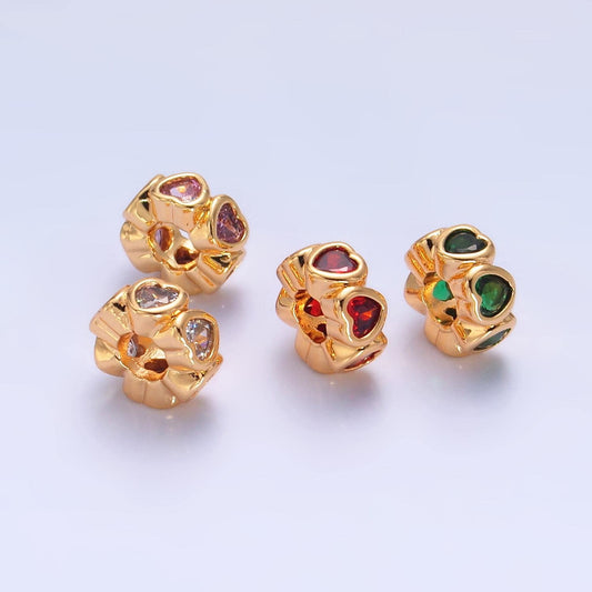 Colorful Rondelle Heart 24k Gold Filled Bead Spacer in Gold with Clear Pink Green CZ Side Hole Drill Beads | B139