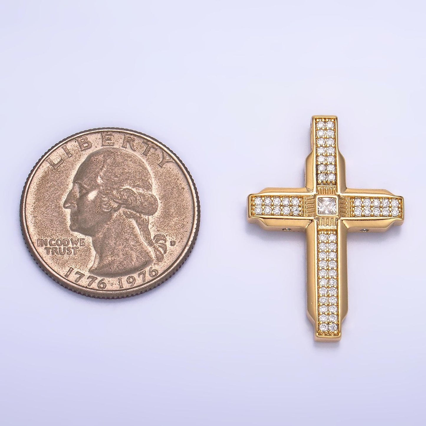 Gold CZ Cross Pendant, 24K Gold Filled Icy Boxy Cross Clear Micro Paved CZ Dainty Cross Religious Charm | AA1069