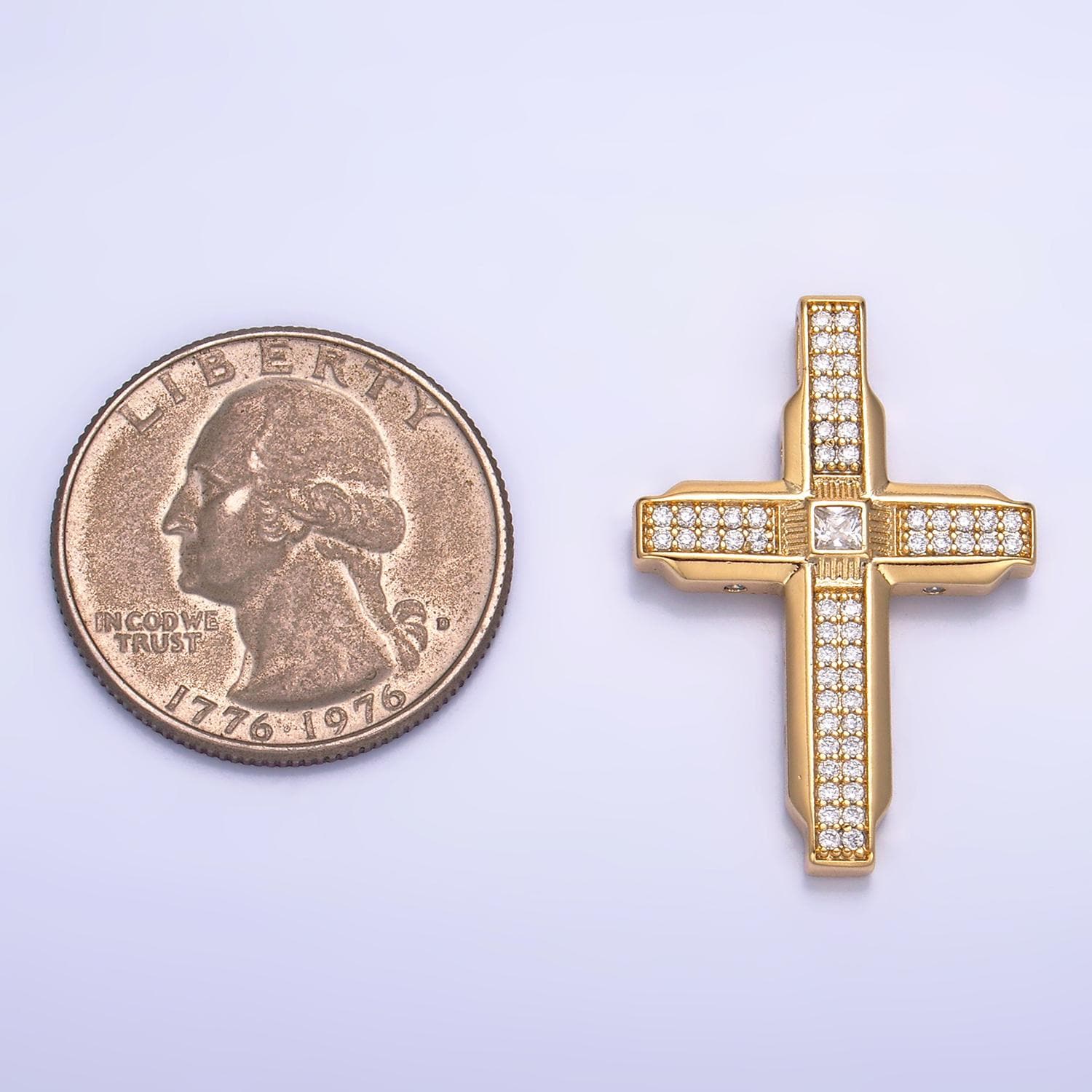 Gold CZ Cross Pendant, 24K Gold Filled Icy Boxy Cross Clear Micro Paved CZ Dainty Cross Religious Charm | AA1069