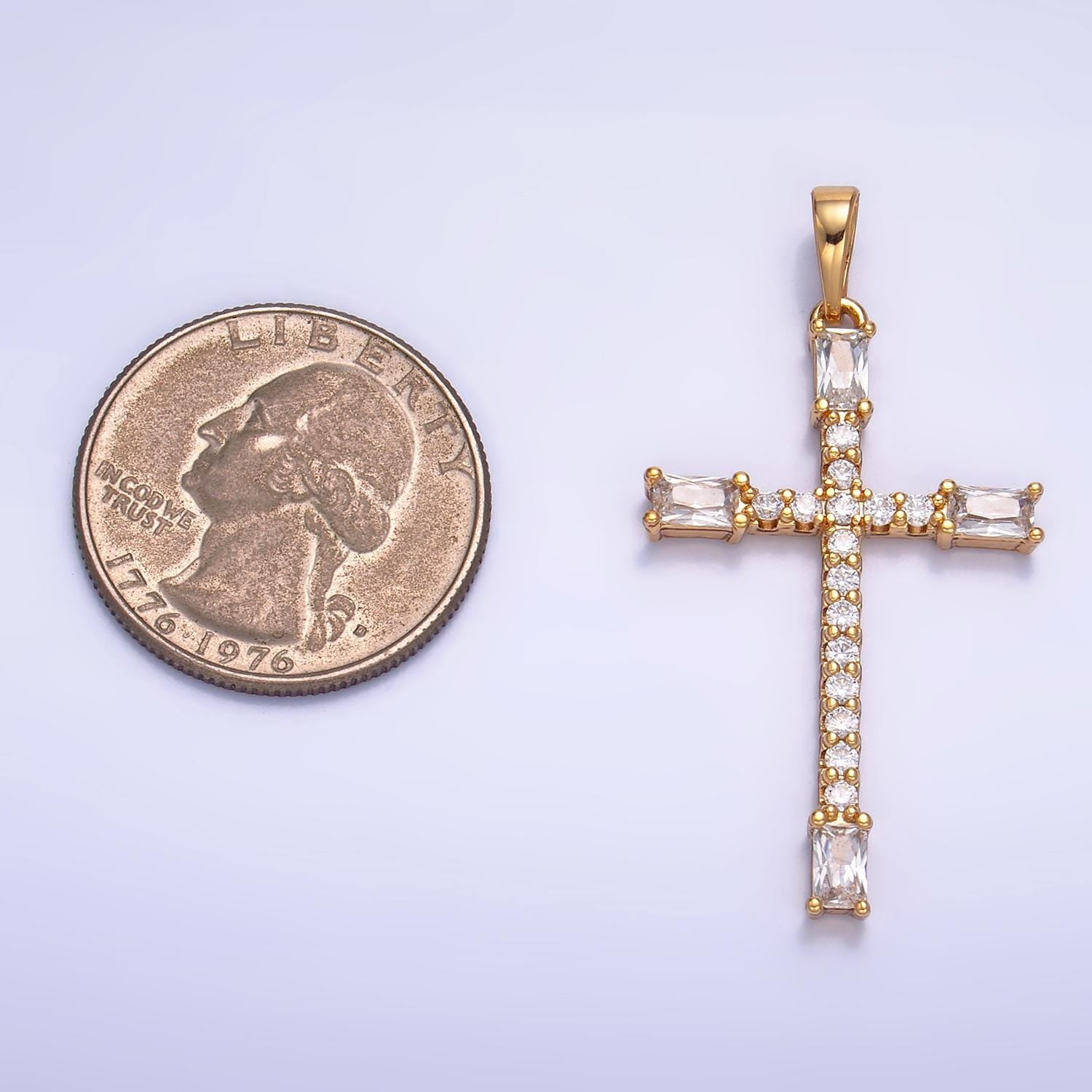 Dainty Simple Cross Pendant 14K Gold Filled Baguette Cz Micro Pave DIY Religious Charm Necklace Component AA1070