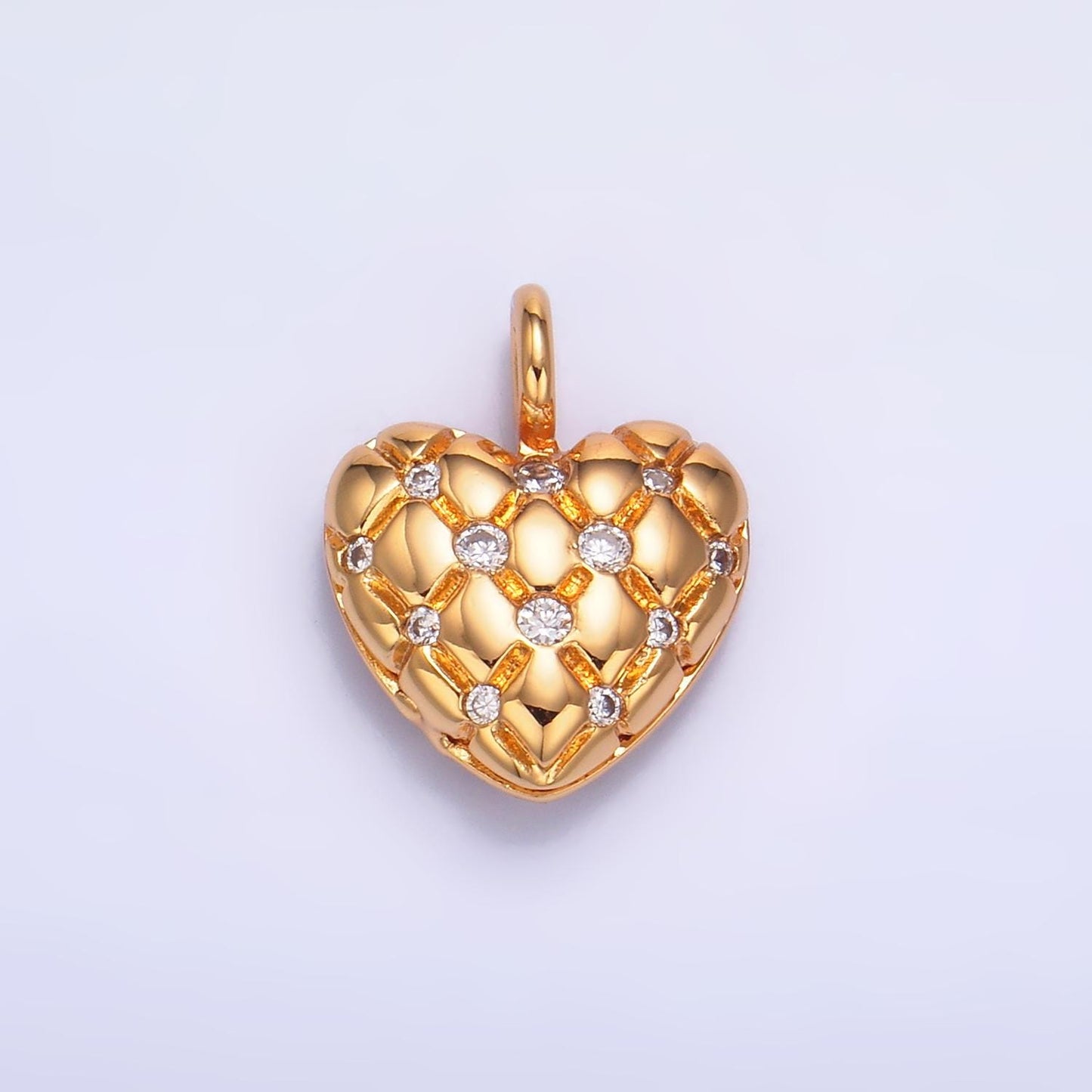 Dainty 24K Gold Filled Heart Charm Quilted Textured Pendant with Micro Pave CZ | W262