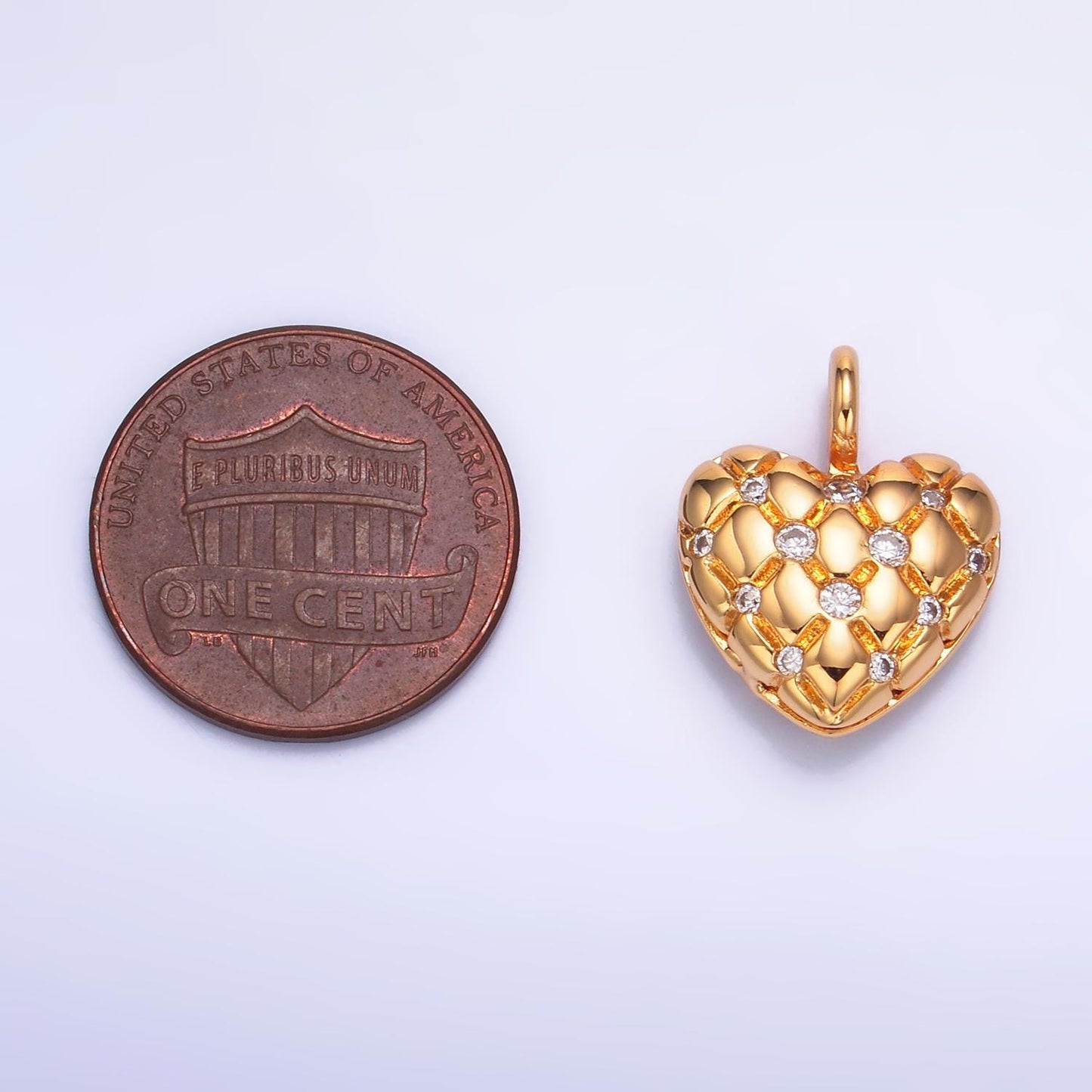Dainty 24K Gold Filled Heart Charm Quilted Textured Pendant with Micro Pave CZ | W262