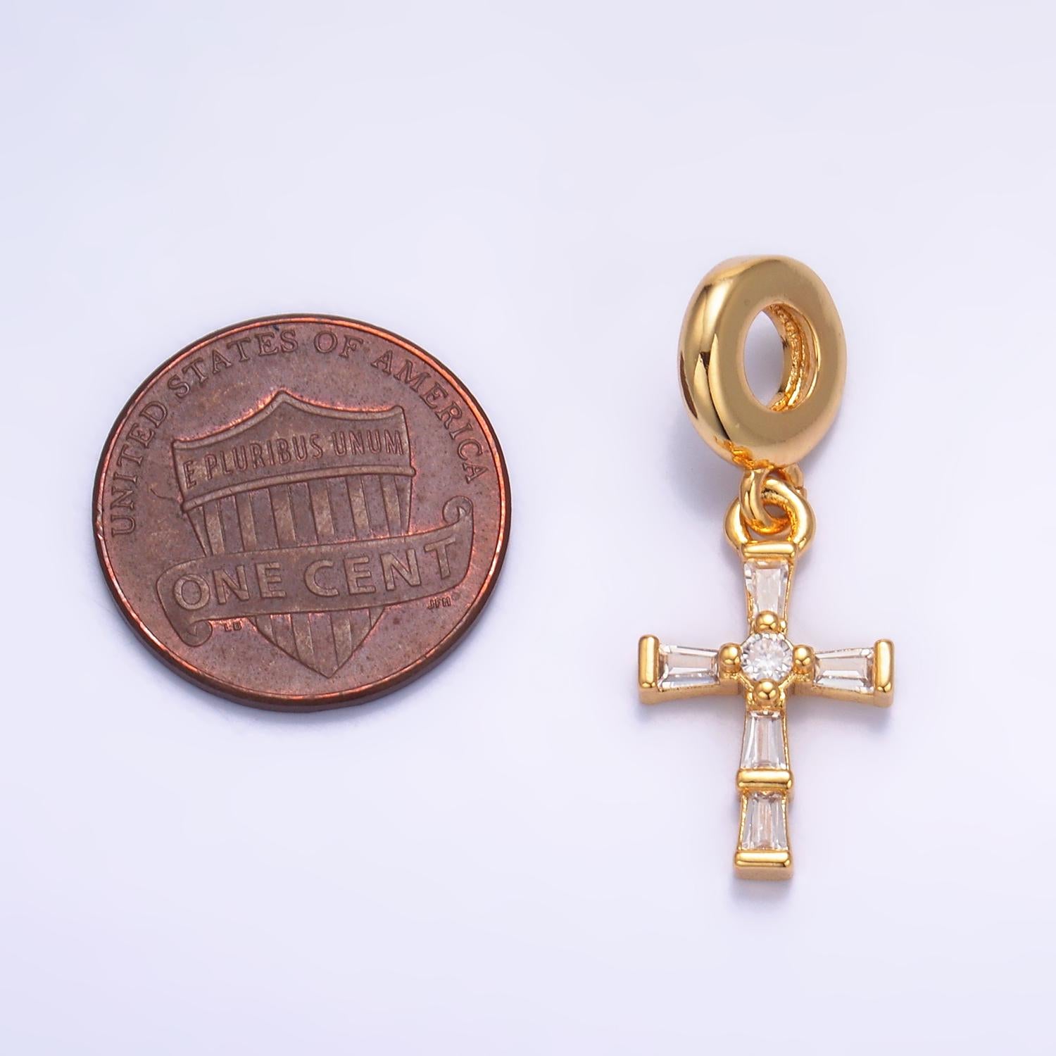 24K Gold Filled CZ Cross Charm Religious Theme Rondelle Bail Drop Pendant | W329