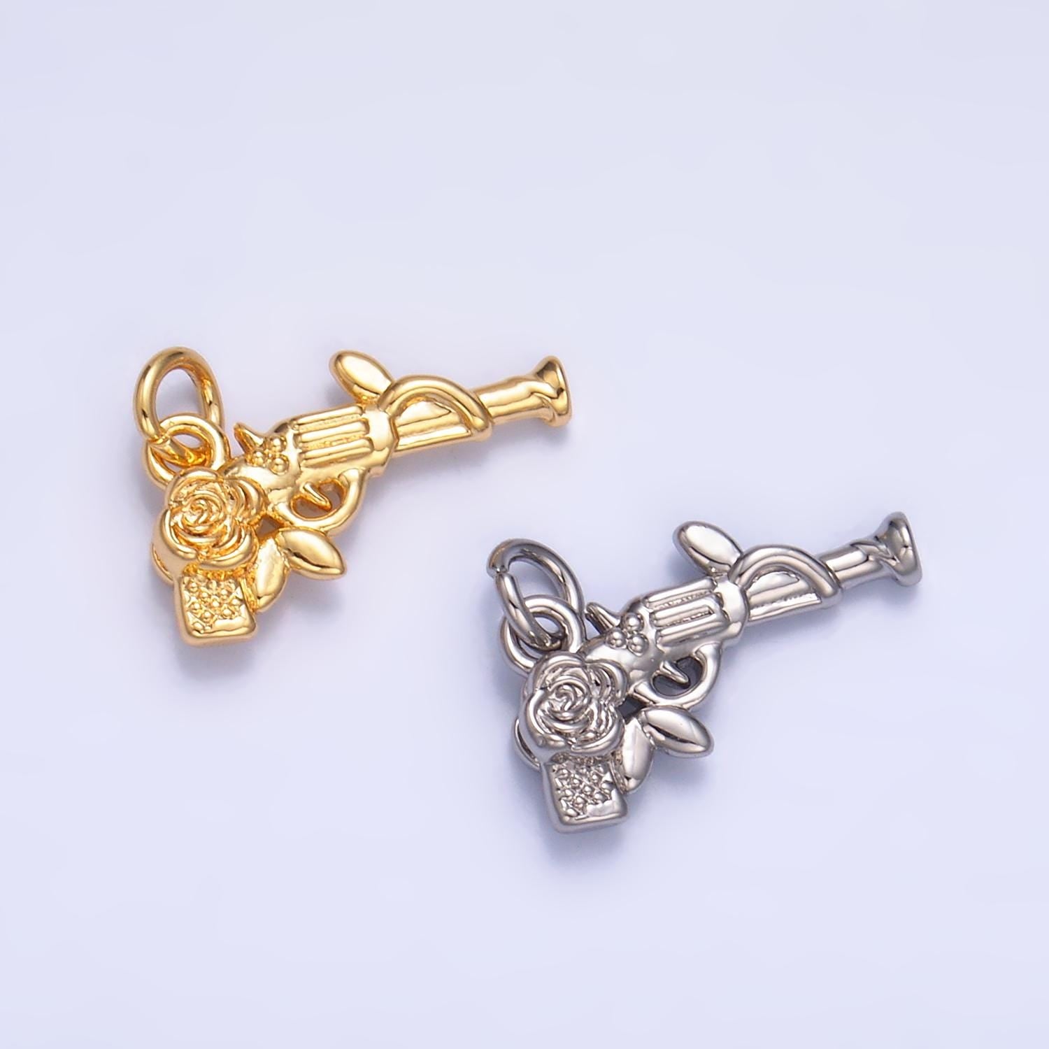 Gold Pistol Charms 24K Gold Filled Gun and Rose Charm Pendant Gun Charm Bracelet Necklace for DIY Jewelry Making Supply W345