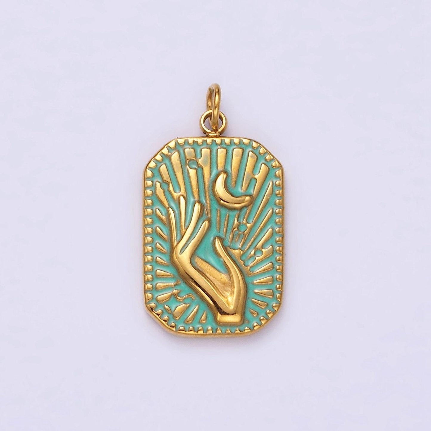 Gold stainless steel tag charm crescent moon sunburst hand charm dainty teal enamel charm p-645