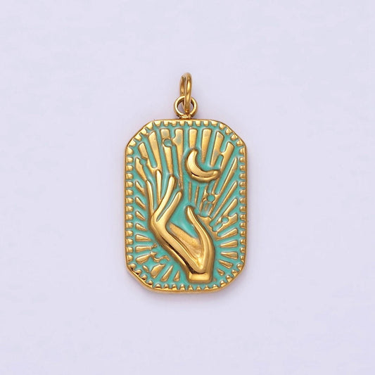 Gold stainless steel tag charm crescent moon sunburst hand charm dainty teal enamel charm p-645