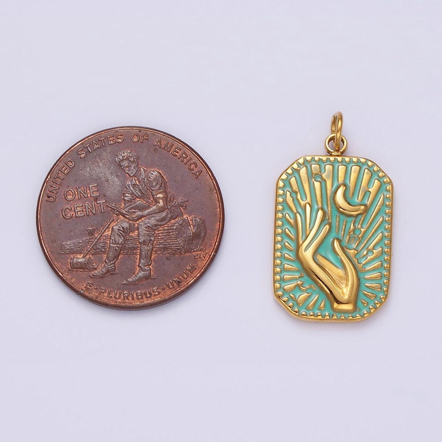 Gold stainless steel tag charm crescent moon sunburst hand charm dainty teal enamel charm p-645