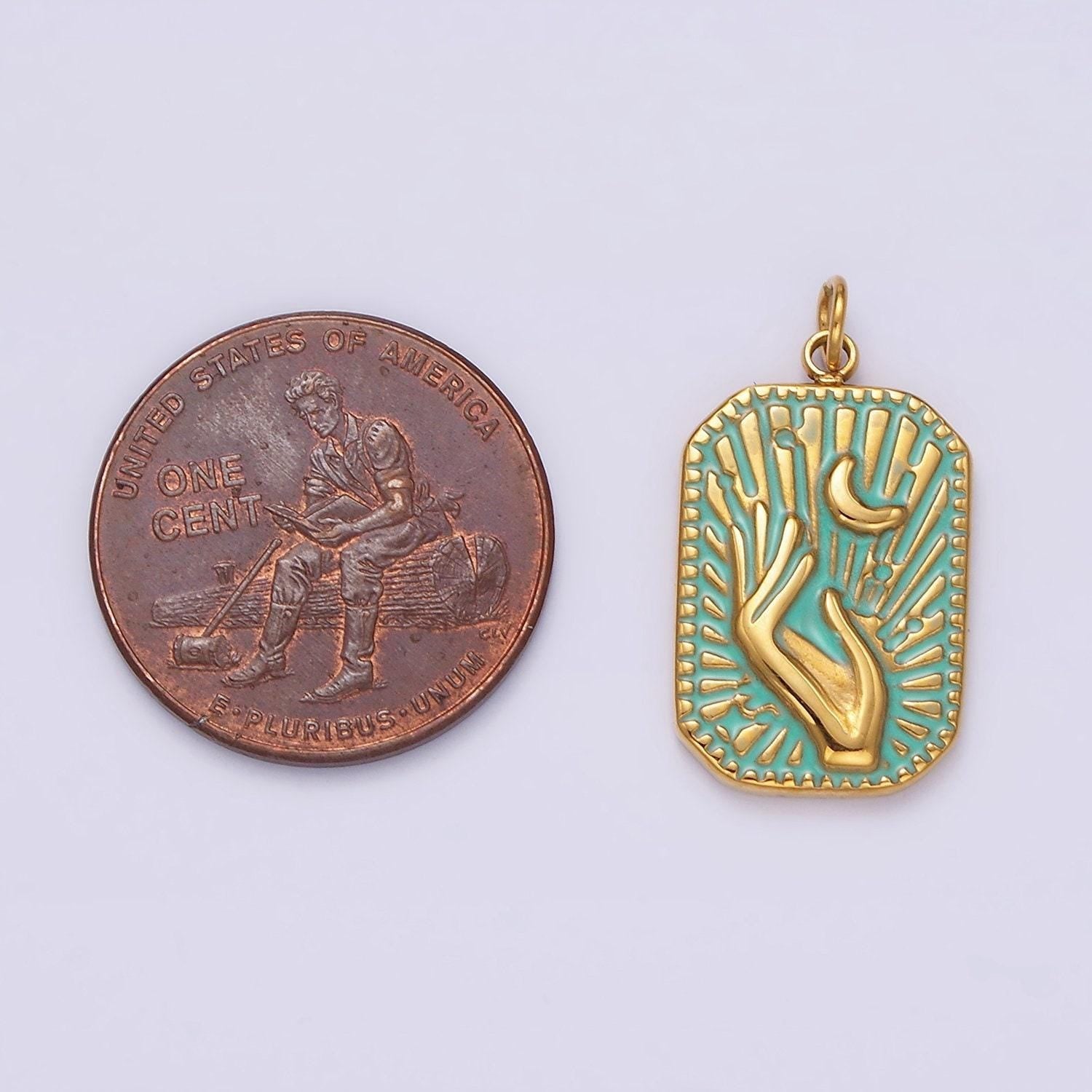 Gold stainless steel tag charm crescent moon sunburst hand charm dainty teal enamel charm p-645