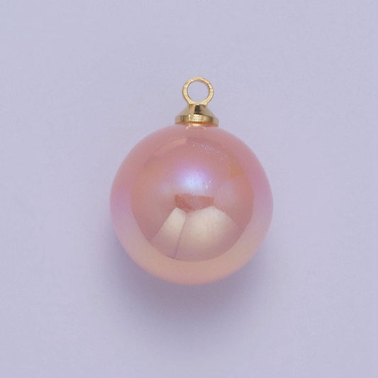 Round Plastic pearl pendant, sparkly crepe pink round pearl ball 24k gold plated charms | p-1562