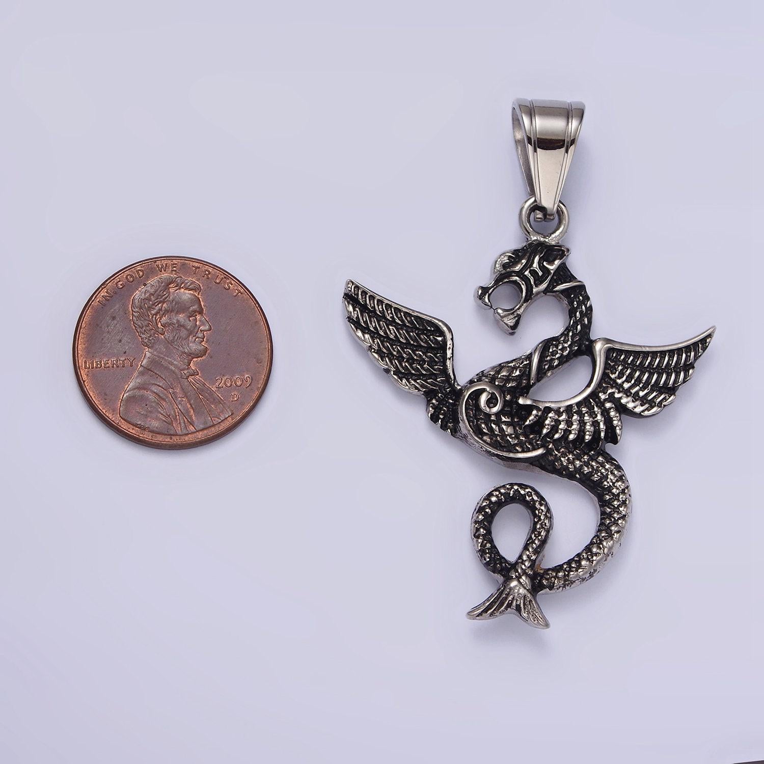 Stainless steel 53mm textured sea snake dragon wings pendant | p806