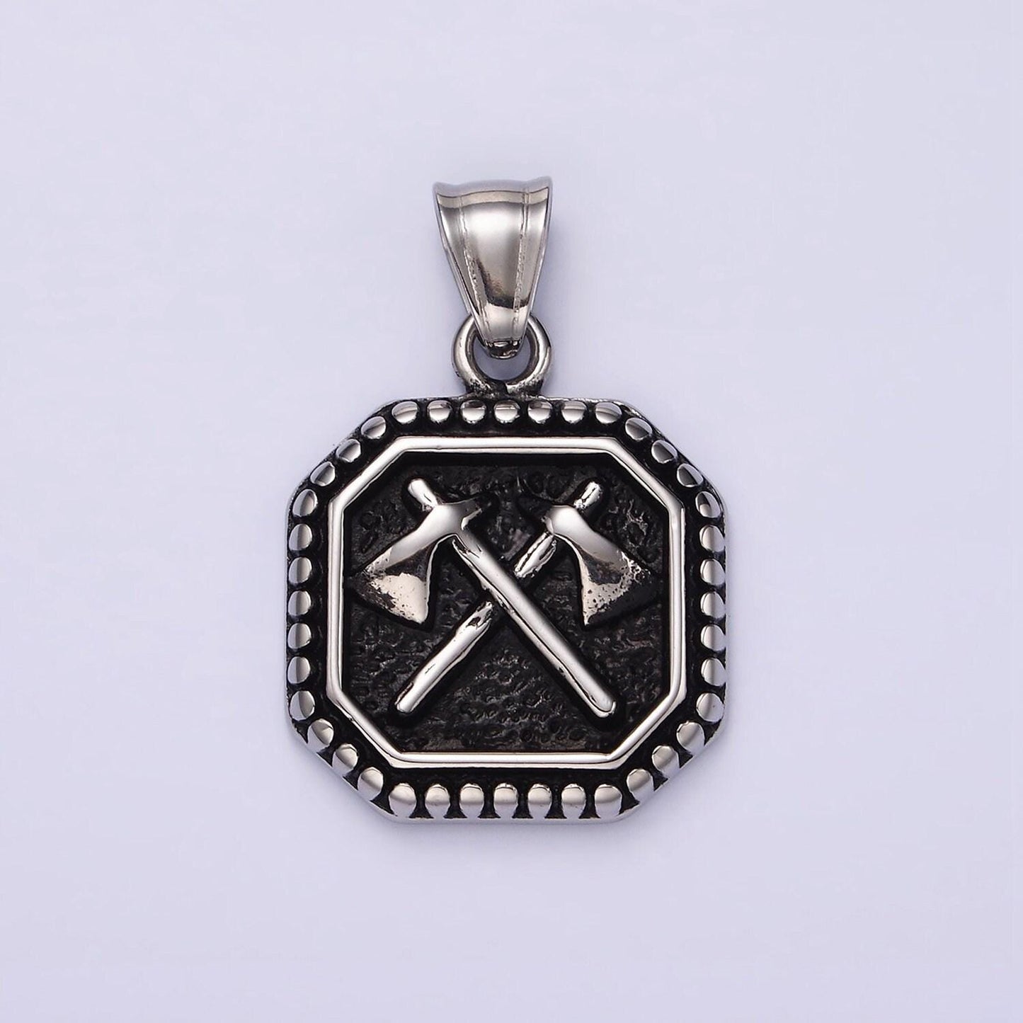Stainless steel 28.5mm double axe weapon hammered dotted hexagonal pendant men jewelry | p843