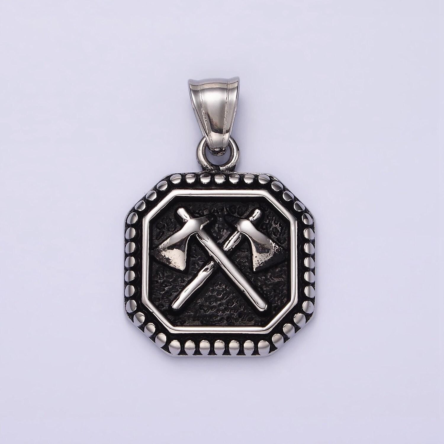 Stainless steel 28.5mm double axe weapon hammered dotted hexagonal pendant men jewelry | p843