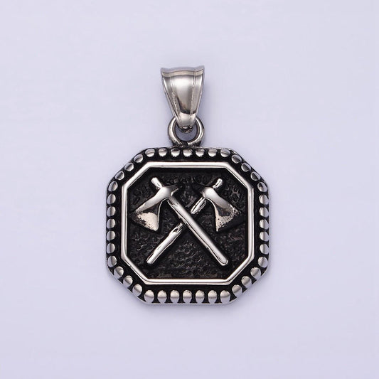Stainless steel 28.5mm double axe weapon hammered dotted hexagonal pendant men jewelry | p843