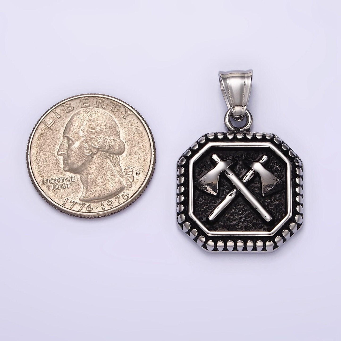 Stainless steel 28.5mm double axe weapon hammered dotted hexagonal pendant men jewelry | p843