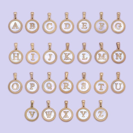 Gold initial letter necklace pendant gold alphabet charm mother of pearl letter minimalist jewelry mop coin pendant for necklace bracelet
