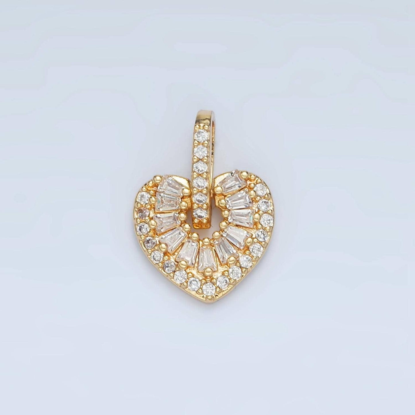 Clear baguette cz micro paved heart gold filled charm | aa-906