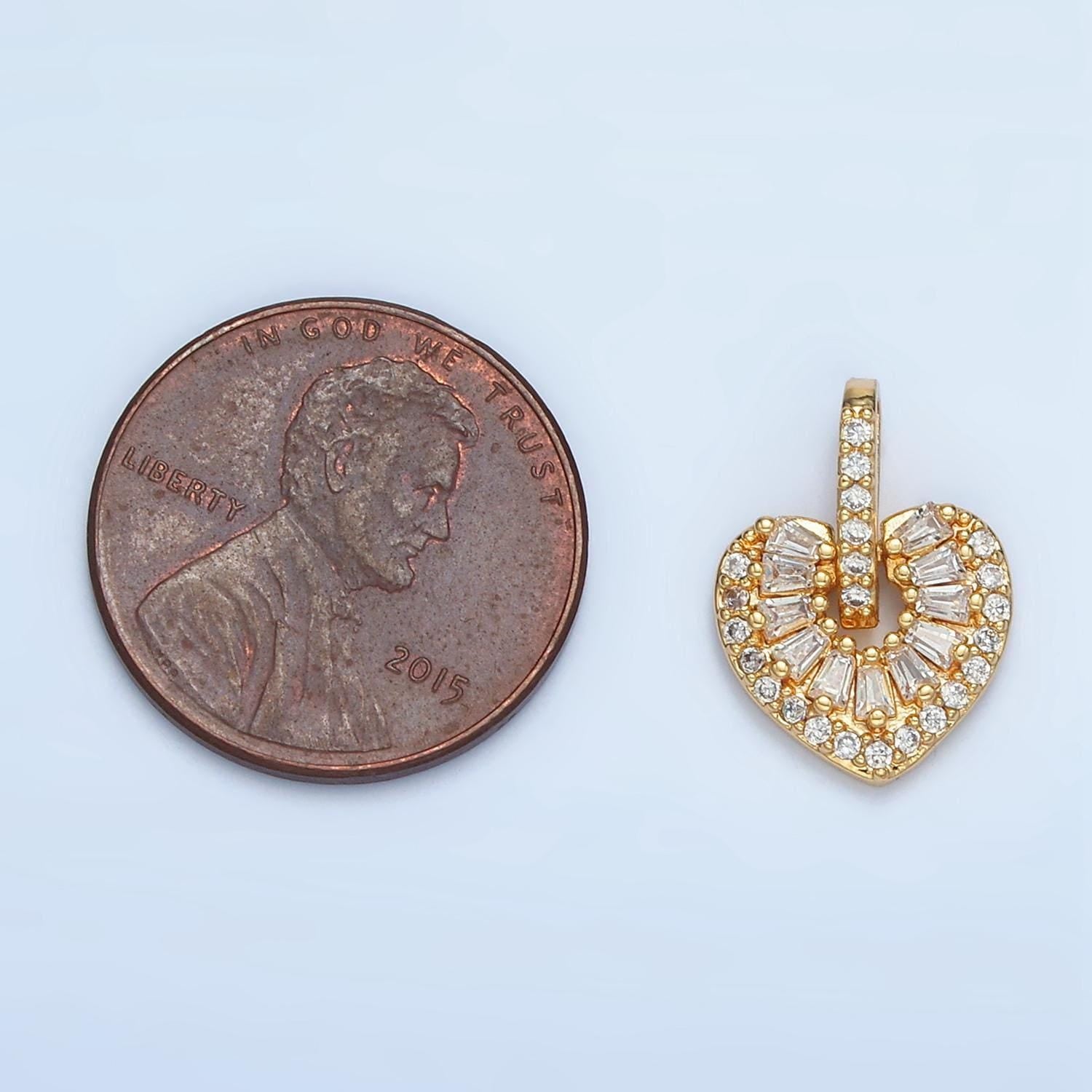 Clear baguette cz micro paved heart gold filled charm | aa-906