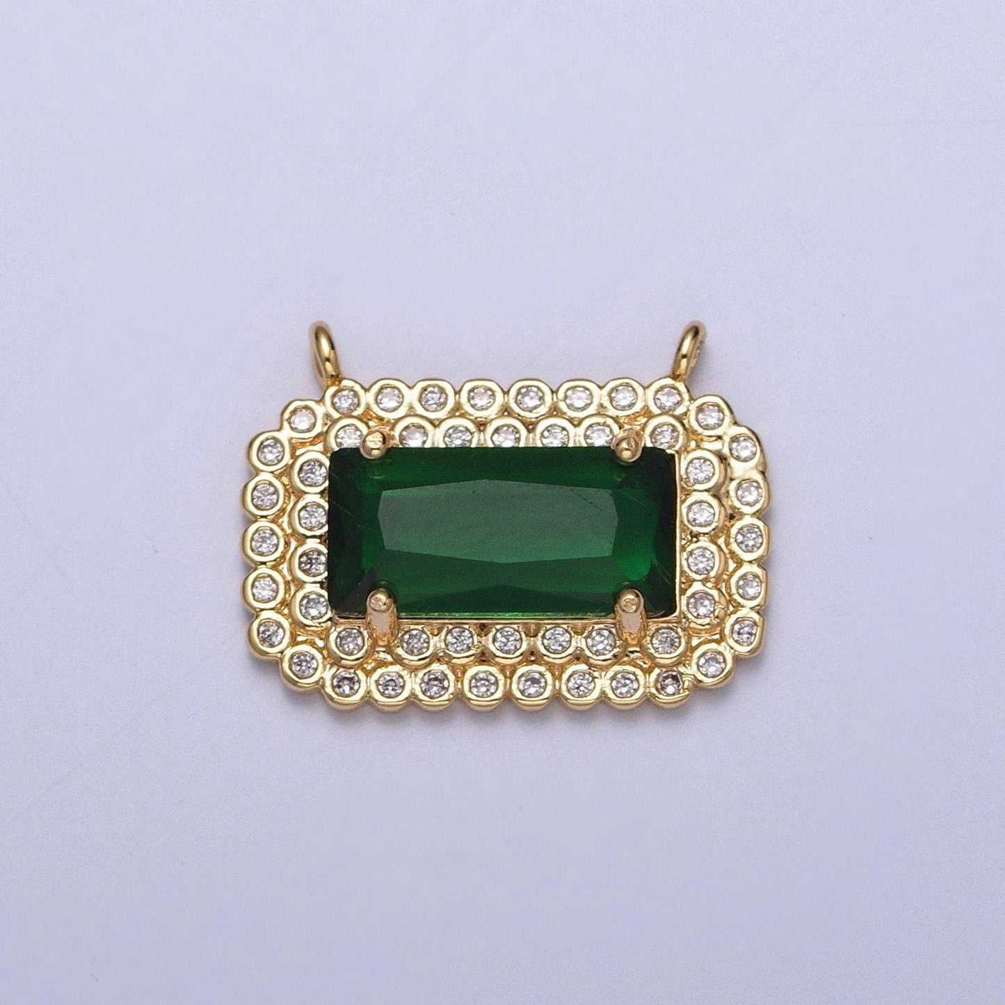 24k gold plated emerald green rectangular micro pave cz crown-like link connector, bracelet necklace earring findings | g-924
