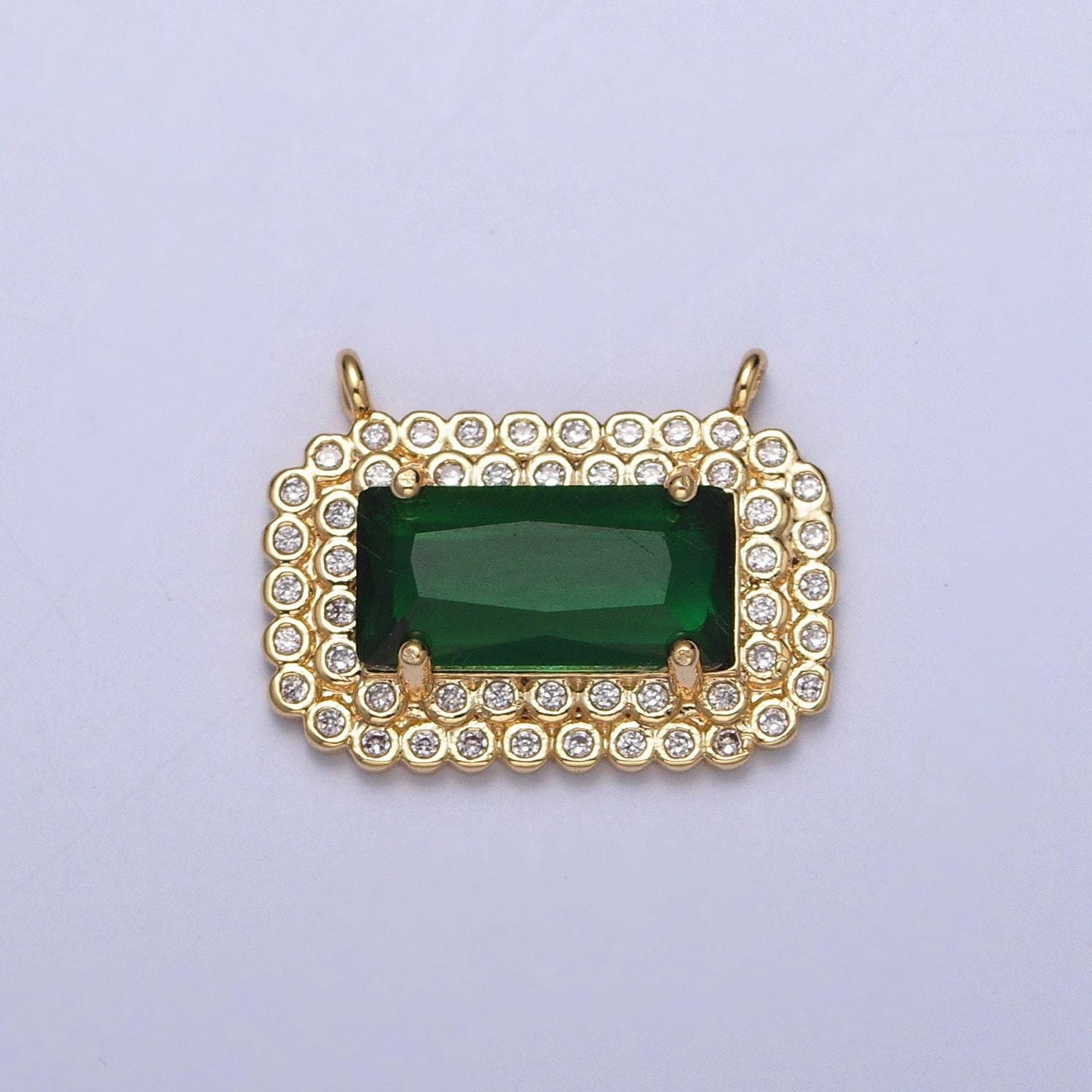 24k gold plated emerald green rectangular micro pave cz crown-like link connector, bracelet necklace earring findings | g-924