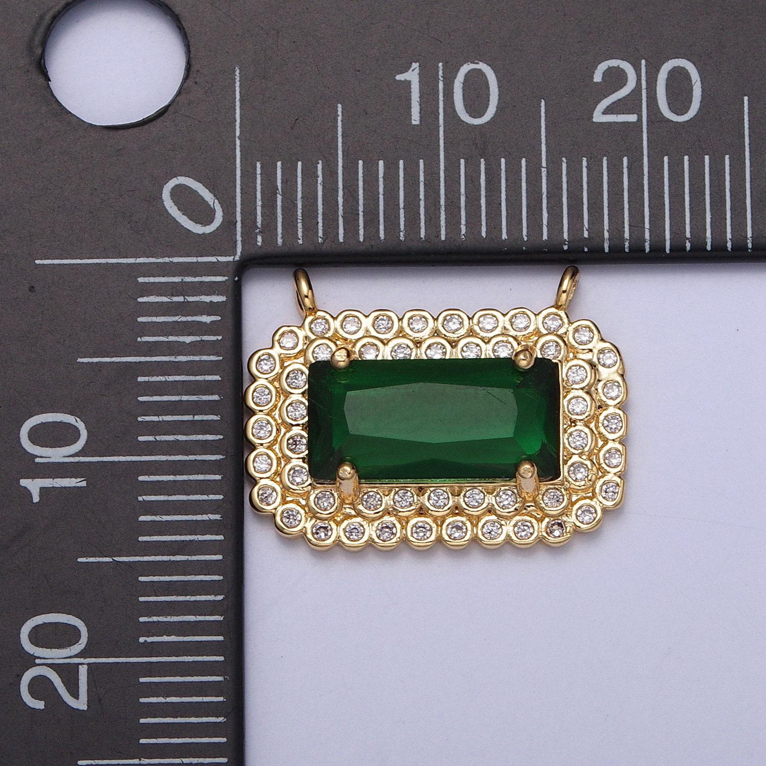24k gold plated emerald green rectangular micro pave cz crown-like link connector, bracelet necklace earring findings | g-924