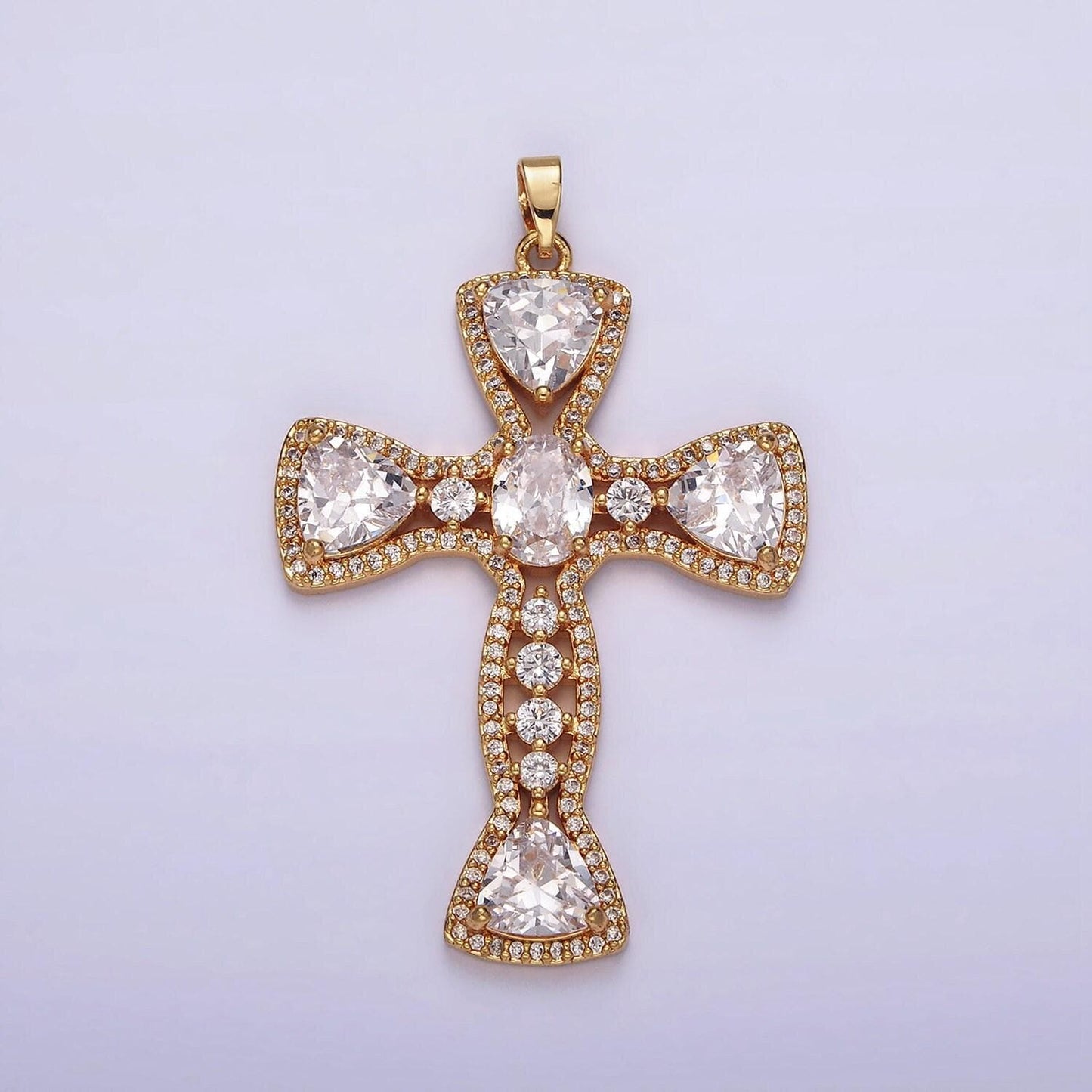 14k gold filled alexandra clear micro paved triangle oval cz stone center religious cross pendant statement religious jewelry | ah051
